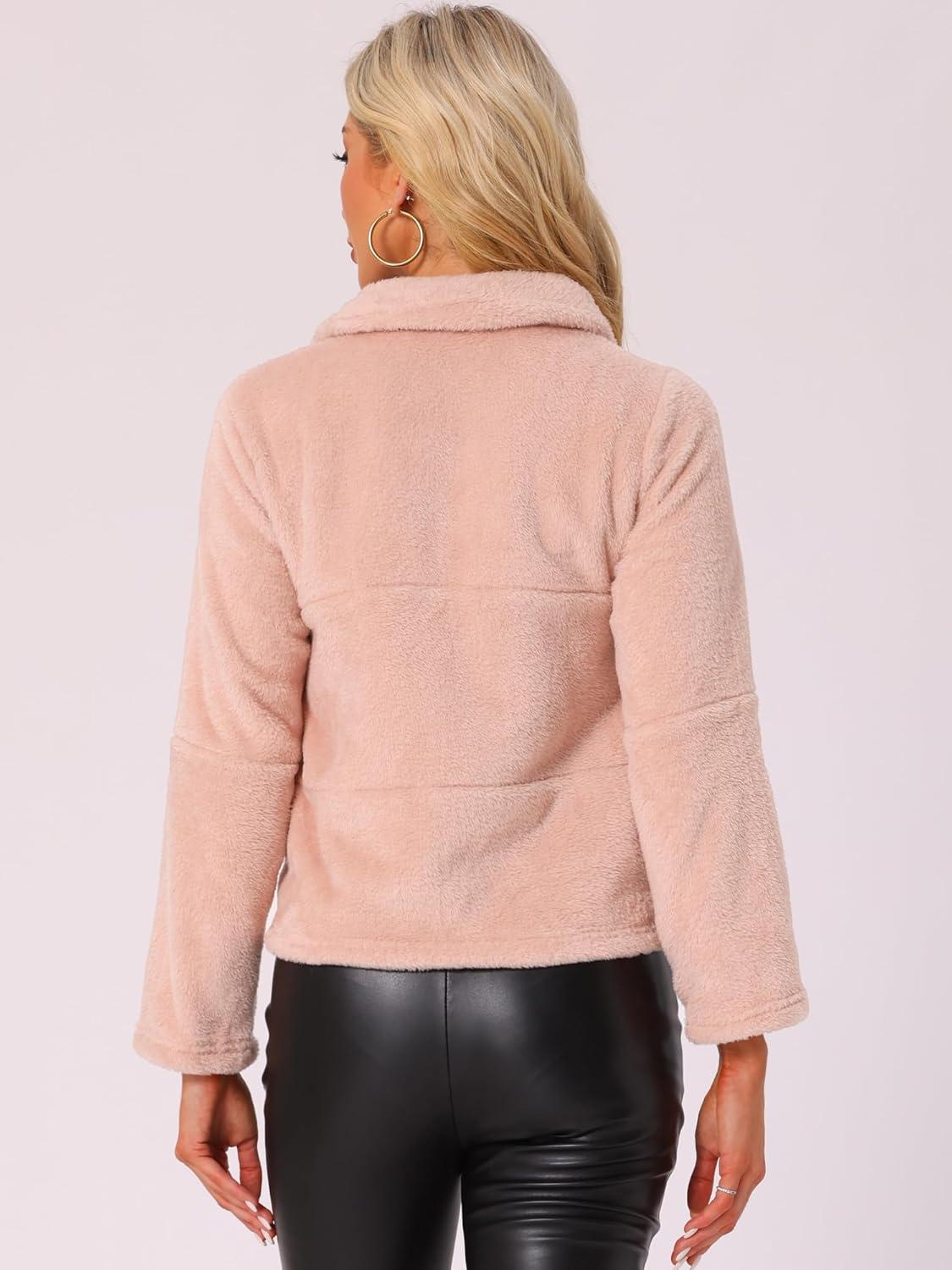 imageAllegra K Cropped Fleece Jacket for Womens Zip Up Faux Fur JacketPink