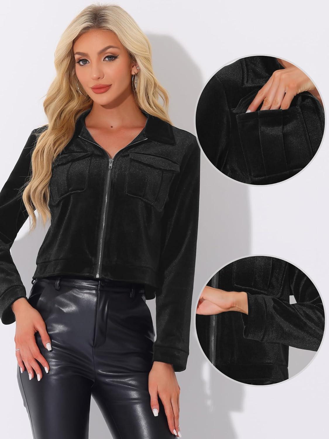 imageAllegra K Cropped Velvet Jacket for Womens 2024 Fall Winter Long Sleeve Zip Up Casual JacketsBlack