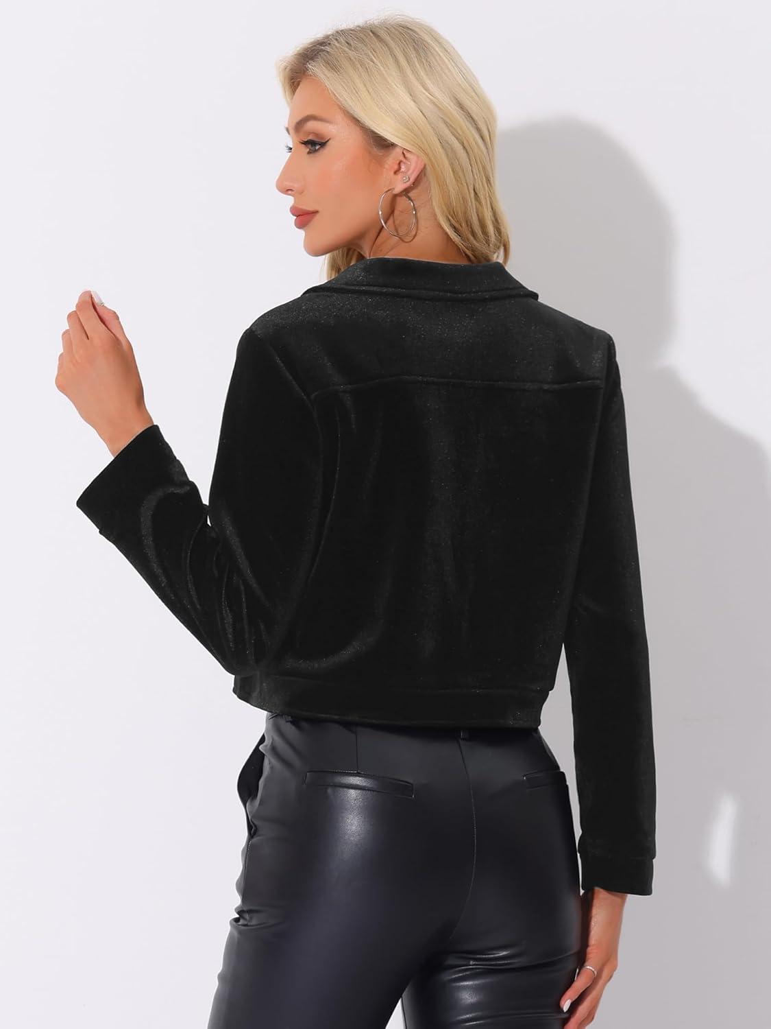 imageAllegra K Cropped Velvet Jacket for Womens 2024 Fall Winter Long Sleeve Zip Up Casual JacketsBlack