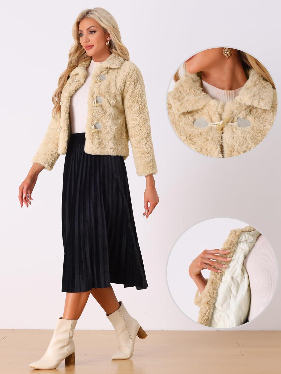 imageAllegra K Faux Fur Coats for Womens Fluffy Collar Cropped Winter Warm Outwear Casual JacketApricot