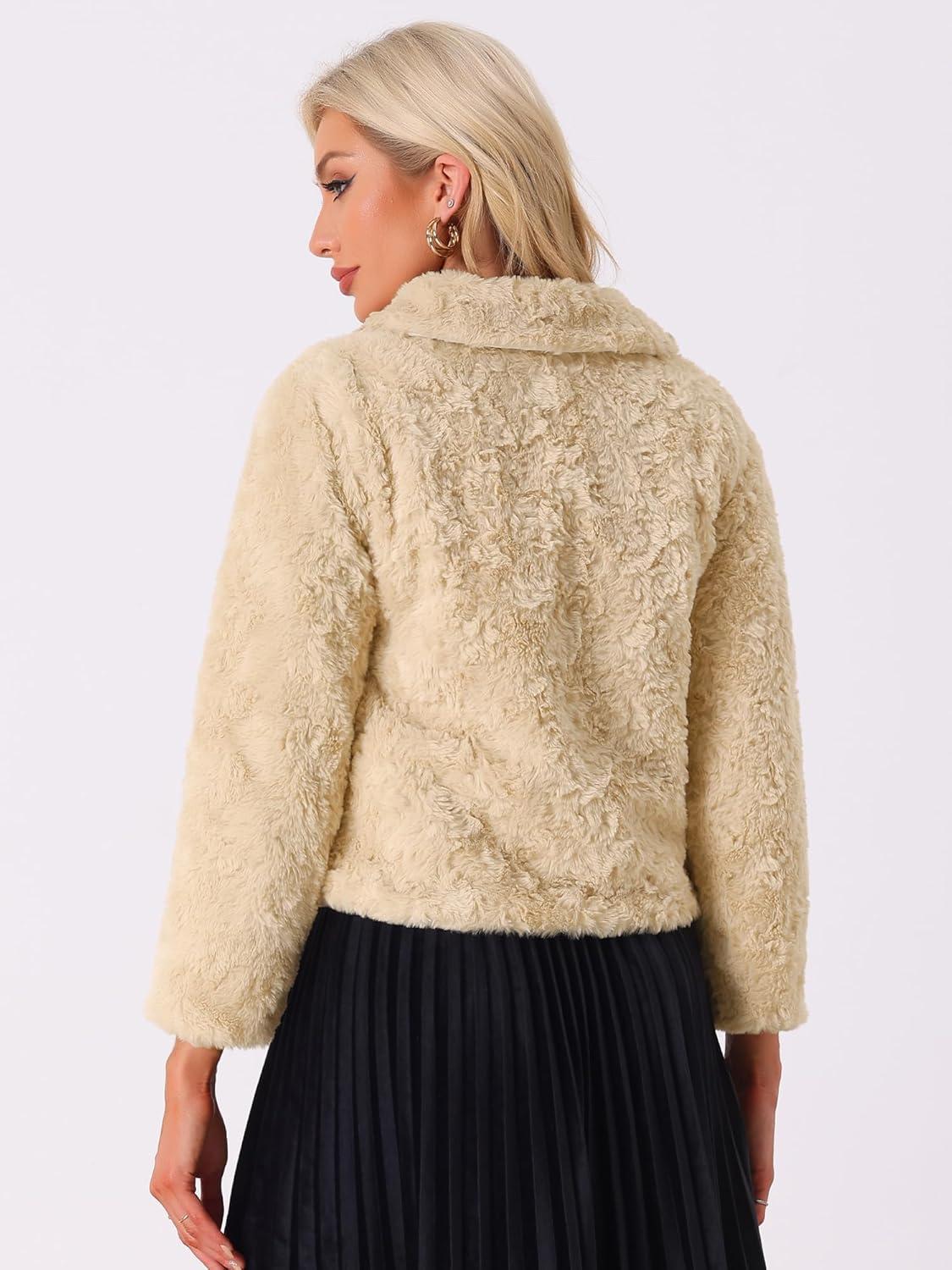 imageAllegra K Faux Fur Coats for Womens Fluffy Collar Cropped Winter Warm Outwear Casual JacketApricot