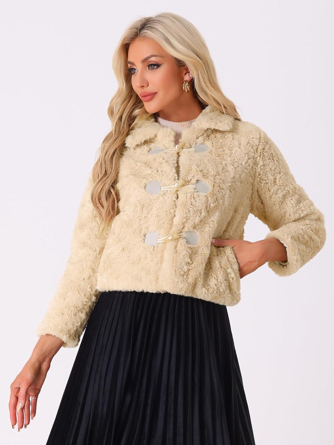 imageAllegra K Faux Fur Coats for Womens Fluffy Collar Cropped Winter Warm Outwear Casual JacketApricot