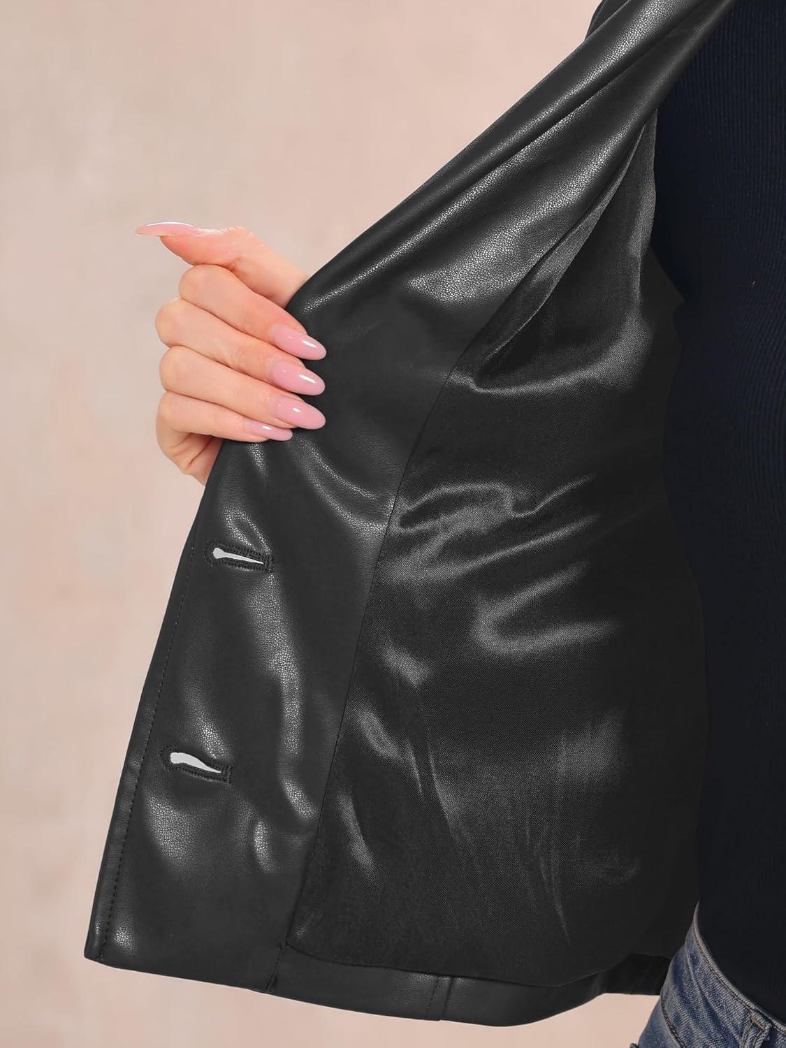imageAllegra K Faux Leather Jacket for Womens Motorcycle Moto Biker Coat Casual Cropped PU Leather JacketsBlack
