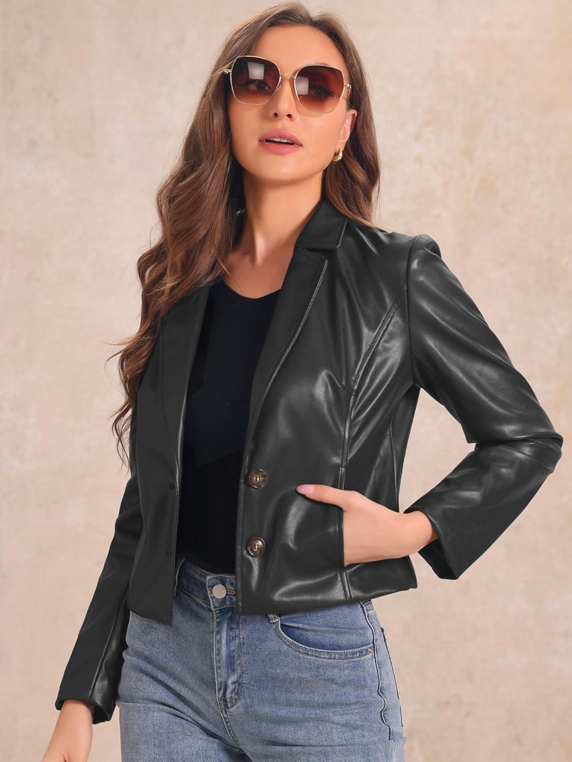 imageAllegra K Faux Leather Jacket for Womens Motorcycle Moto Biker Coat Casual Cropped PU Leather JacketsBlack