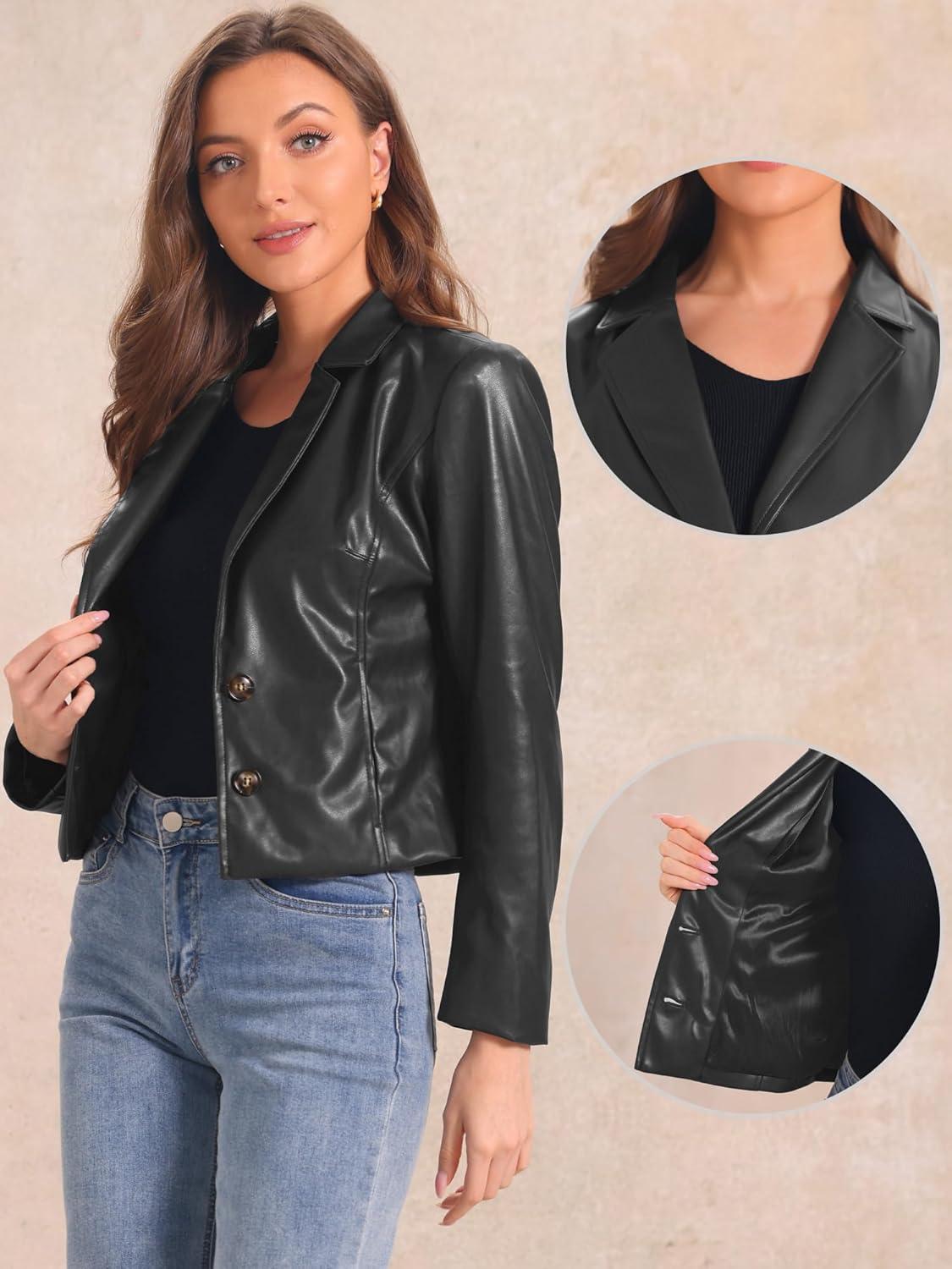 imageAllegra K Faux Leather Jacket for Womens Motorcycle Moto Biker Coat Casual Cropped PU Leather JacketsBlack