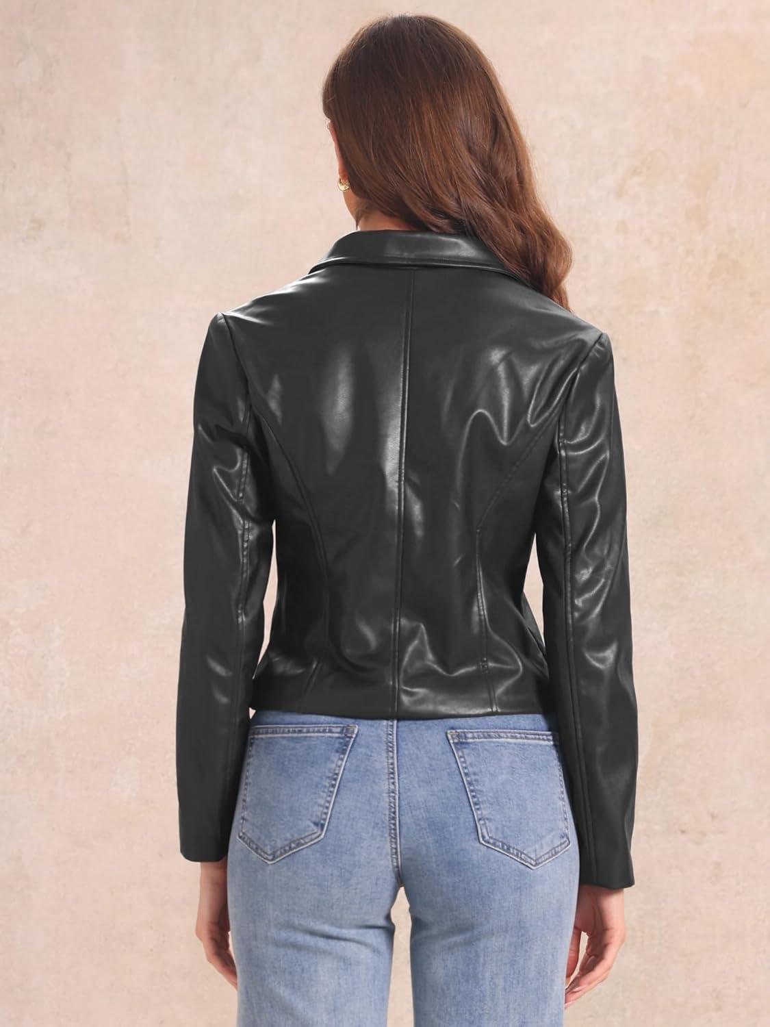 imageAllegra K Faux Leather Jacket for Womens Motorcycle Moto Biker Coat Casual Cropped PU Leather JacketsBlack