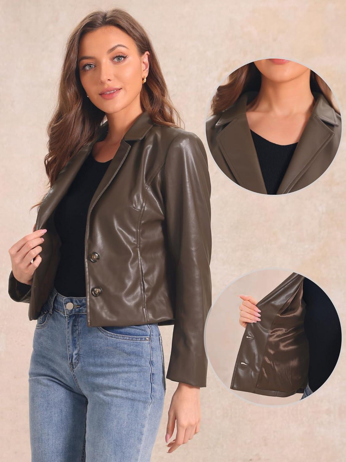 imageAllegra K Faux Leather Jacket for Womens Motorcycle Moto Biker Coat Casual Cropped PU Leather JacketsBrown