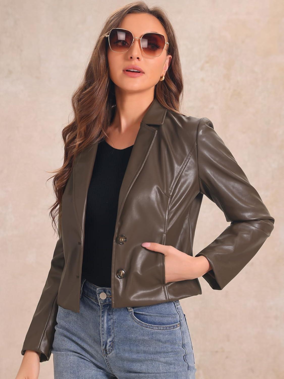 imageAllegra K Faux Leather Jacket for Womens Motorcycle Moto Biker Coat Casual Cropped PU Leather JacketsBrown