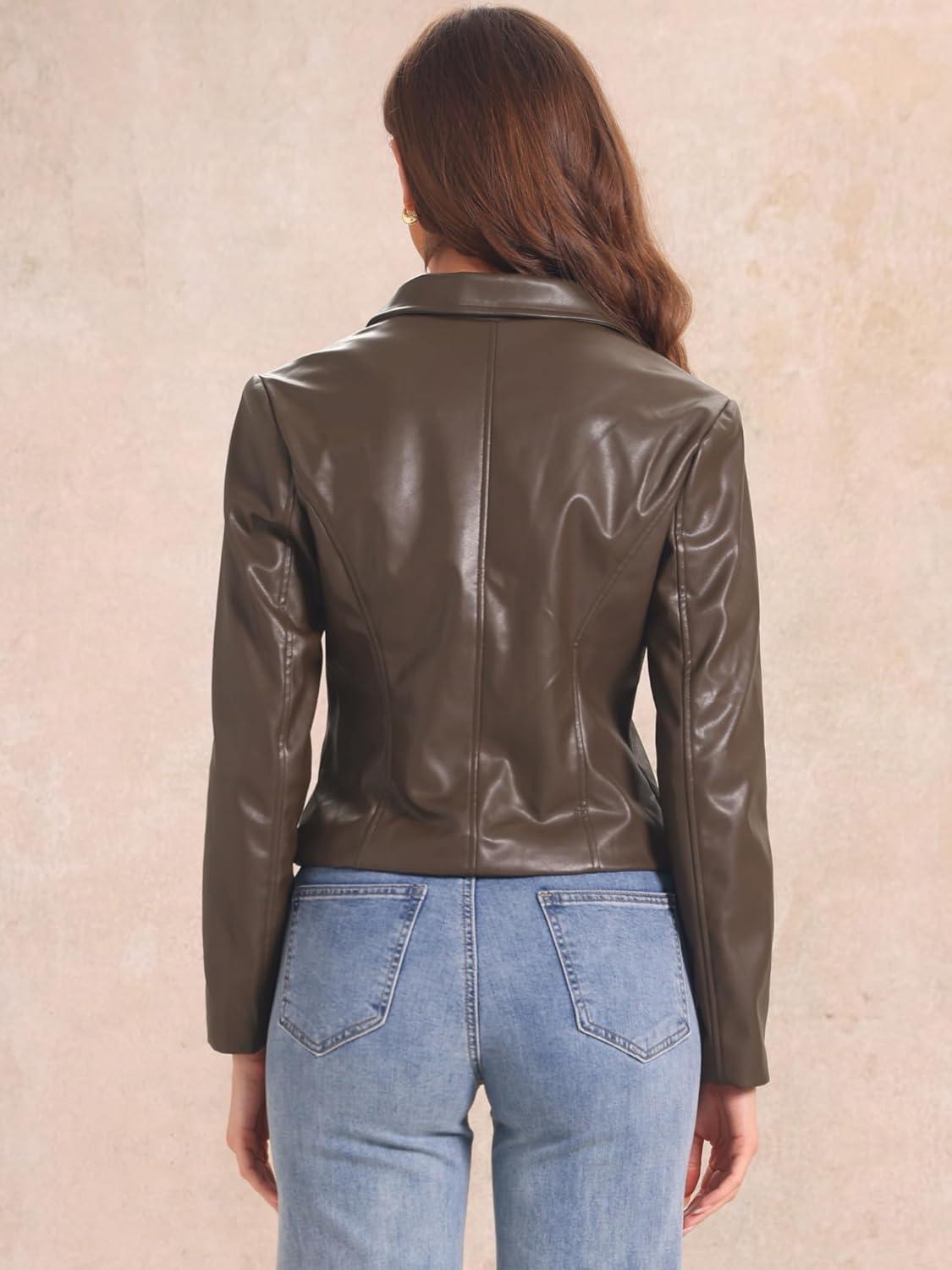 imageAllegra K Faux Leather Jacket for Womens Motorcycle Moto Biker Coat Casual Cropped PU Leather JacketsBrown