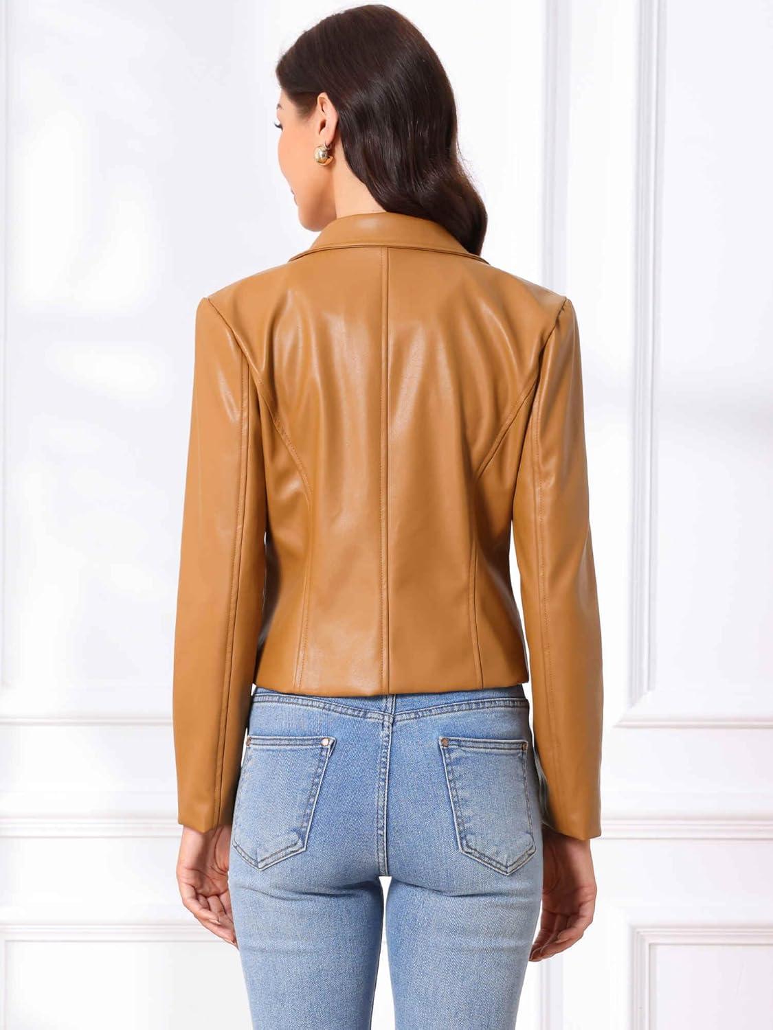 imageAllegra K Faux Leather Jacket for Womens Motorcycle Moto Biker Coat Casual Cropped PU Leather JacketsLight Brown