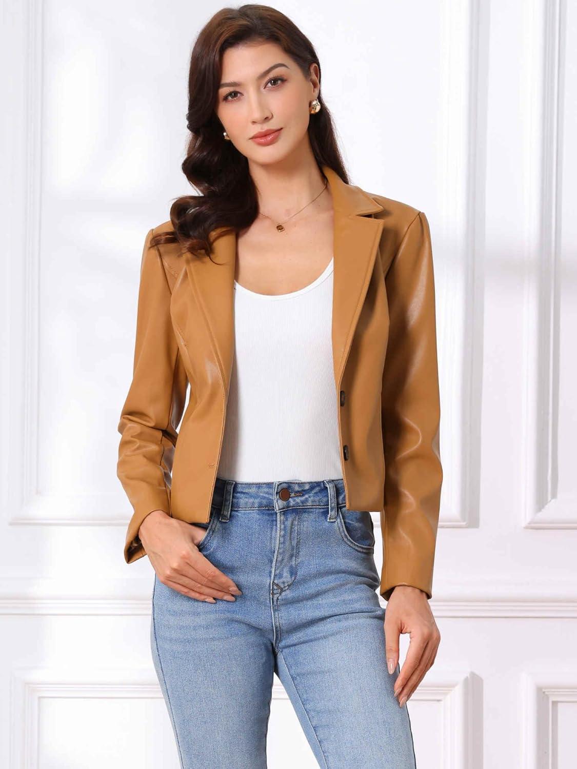 imageAllegra K Faux Leather Jacket for Womens Motorcycle Moto Biker Coat Casual Cropped PU Leather JacketsLight Brown