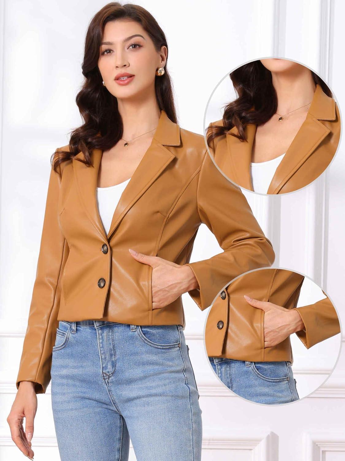 imageAllegra K Faux Leather Jacket for Womens Motorcycle Moto Biker Coat Casual Cropped PU Leather JacketsLight Brown