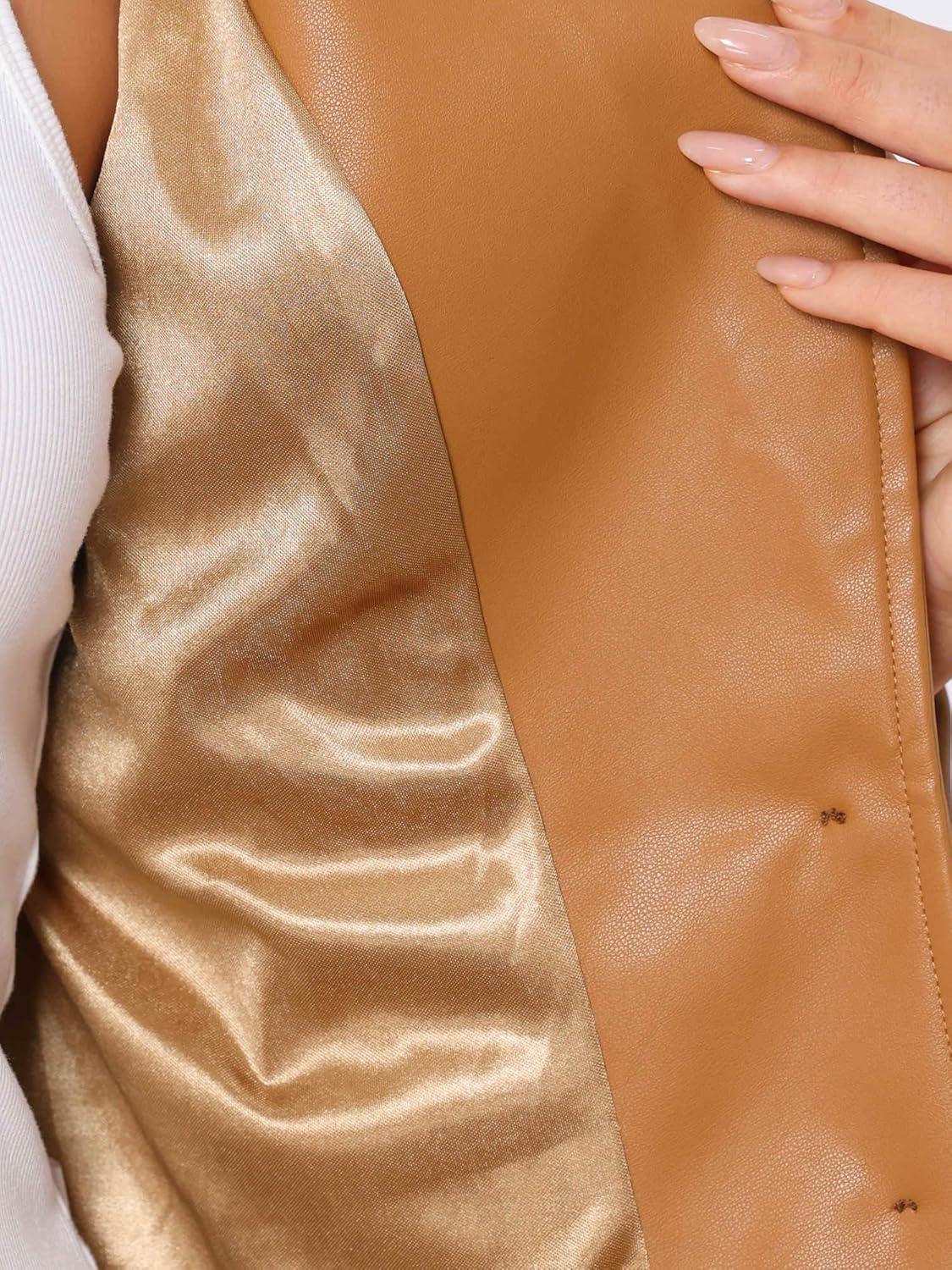 imageAllegra K Faux Leather Jacket for Womens Motorcycle Moto Biker Coat Casual Cropped PU Leather JacketsLight Brown