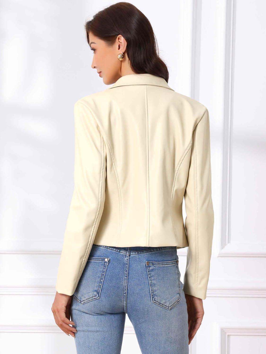 imageAllegra K Faux Leather Jacket for Womens Motorcycle Moto Biker Coat Casual Cropped PU Leather JacketsWhite