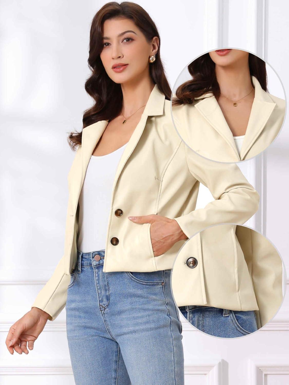imageAllegra K Faux Leather Jacket for Womens Motorcycle Moto Biker Coat Casual Cropped PU Leather JacketsWhite