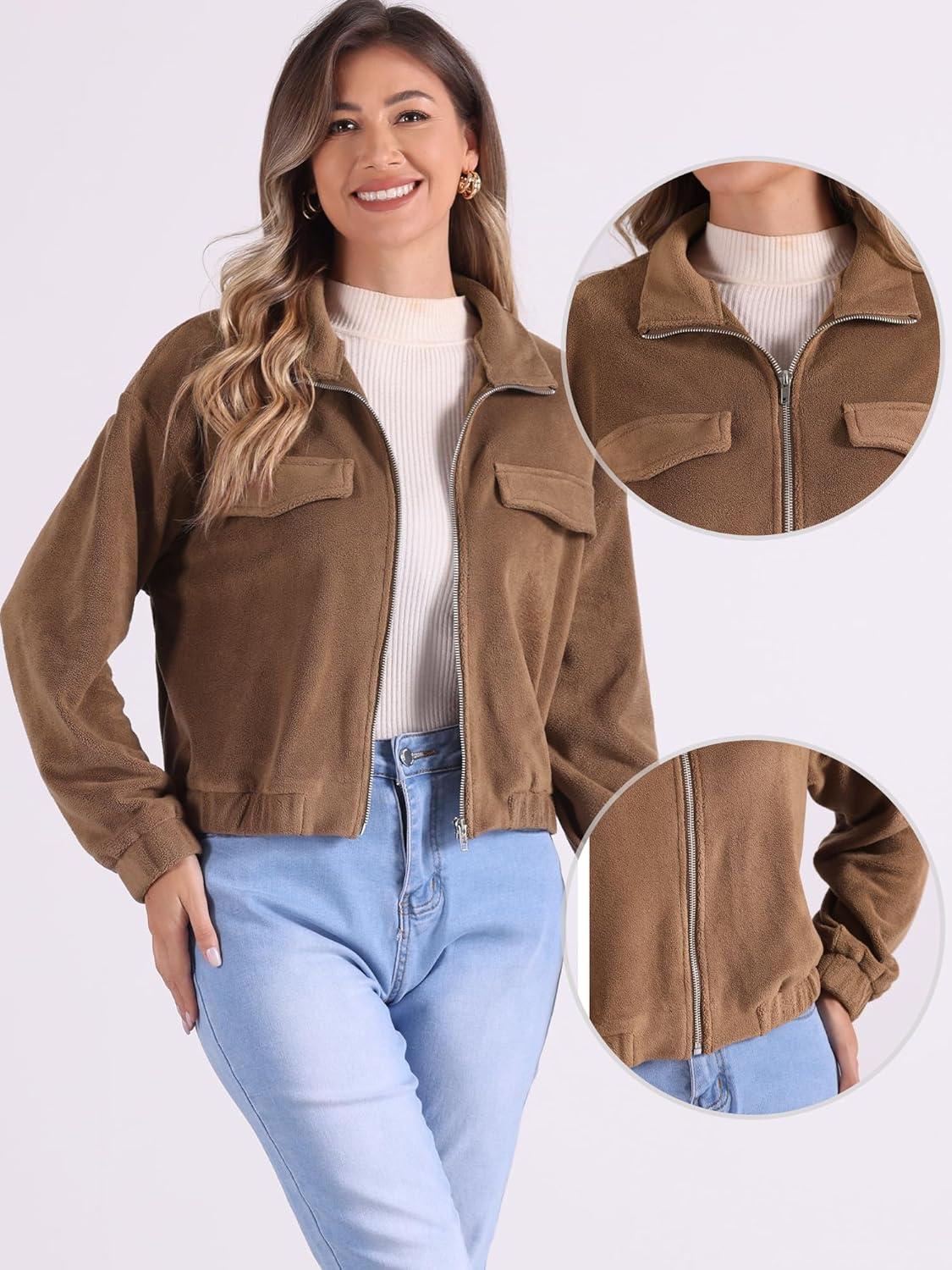 imageAllegra K Fuzzy Short Jacket for Womens Stand Collar Long Sleeve Casual Crop CoatBrown