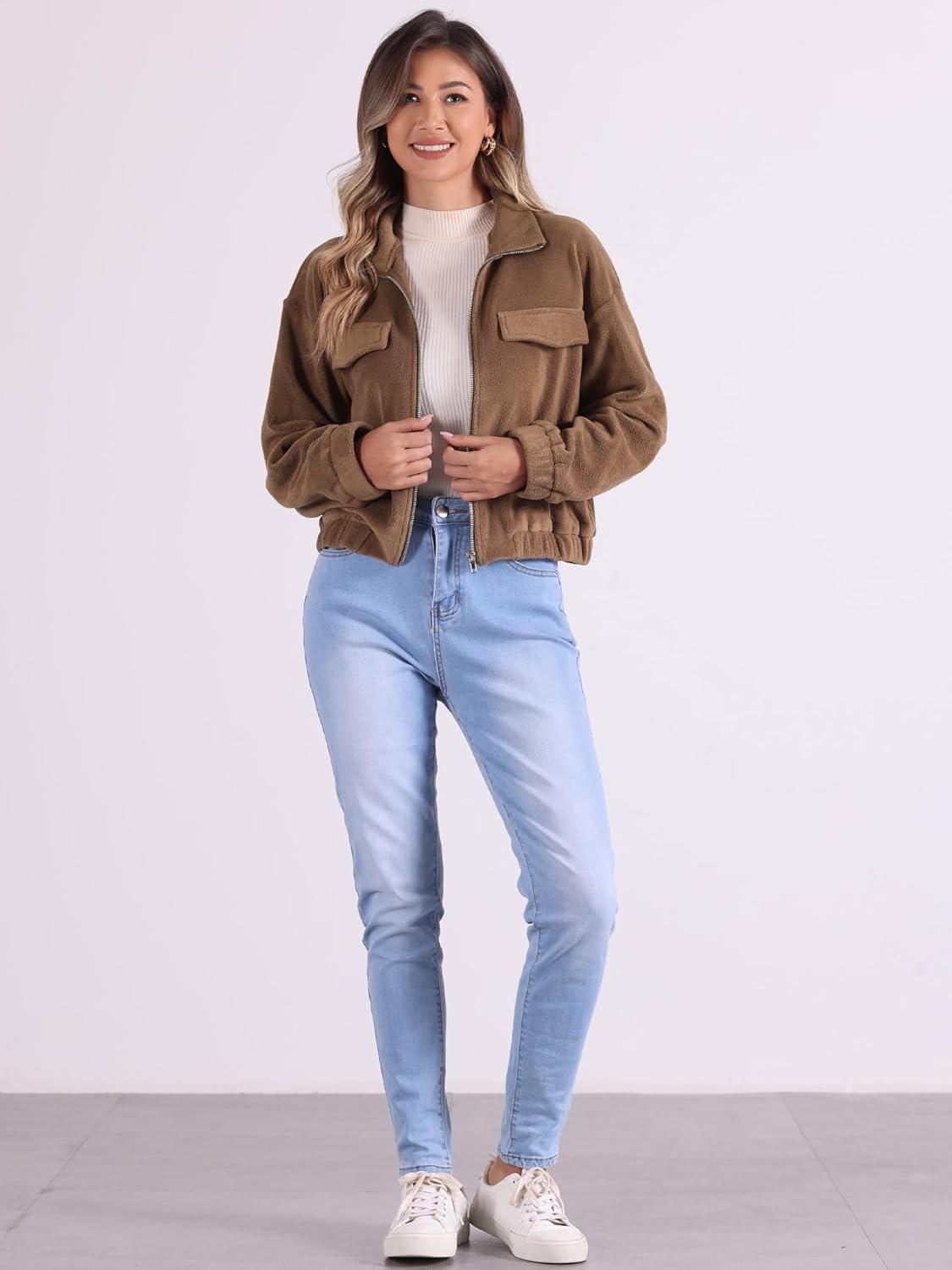imageAllegra K Fuzzy Short Jacket for Womens Stand Collar Long Sleeve Casual Crop CoatBrown
