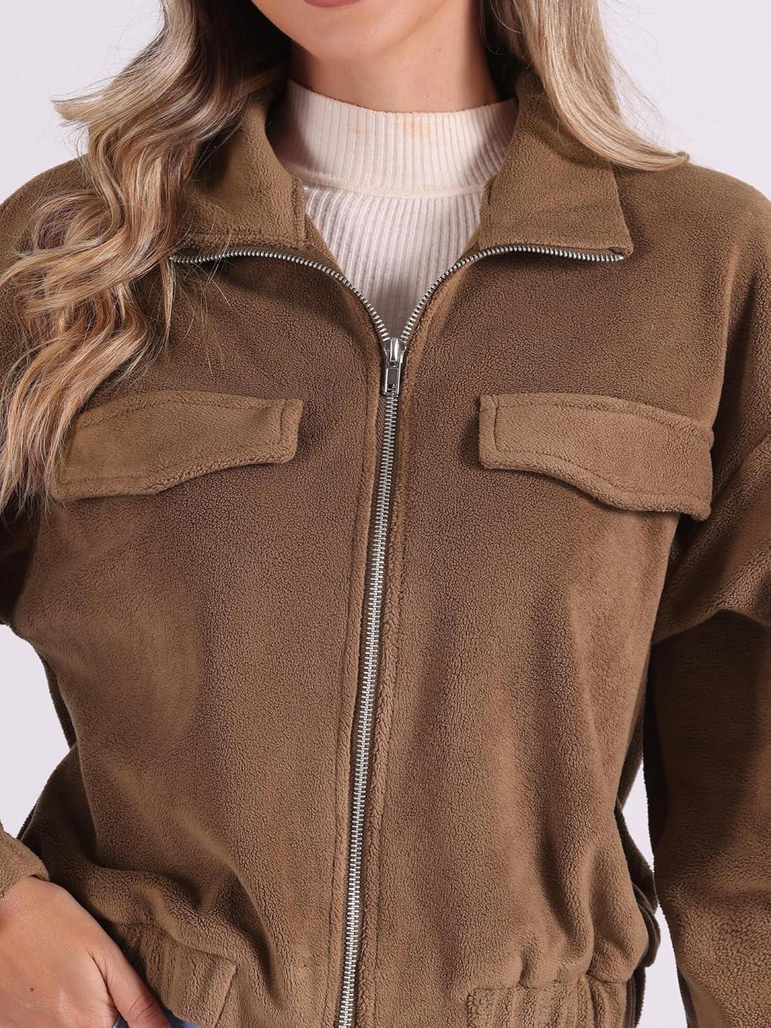 imageAllegra K Fuzzy Short Jacket for Womens Stand Collar Long Sleeve Casual Crop CoatBrown