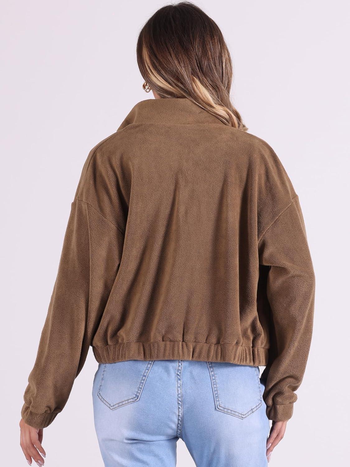 imageAllegra K Fuzzy Short Jacket for Womens Stand Collar Long Sleeve Casual Crop CoatBrown