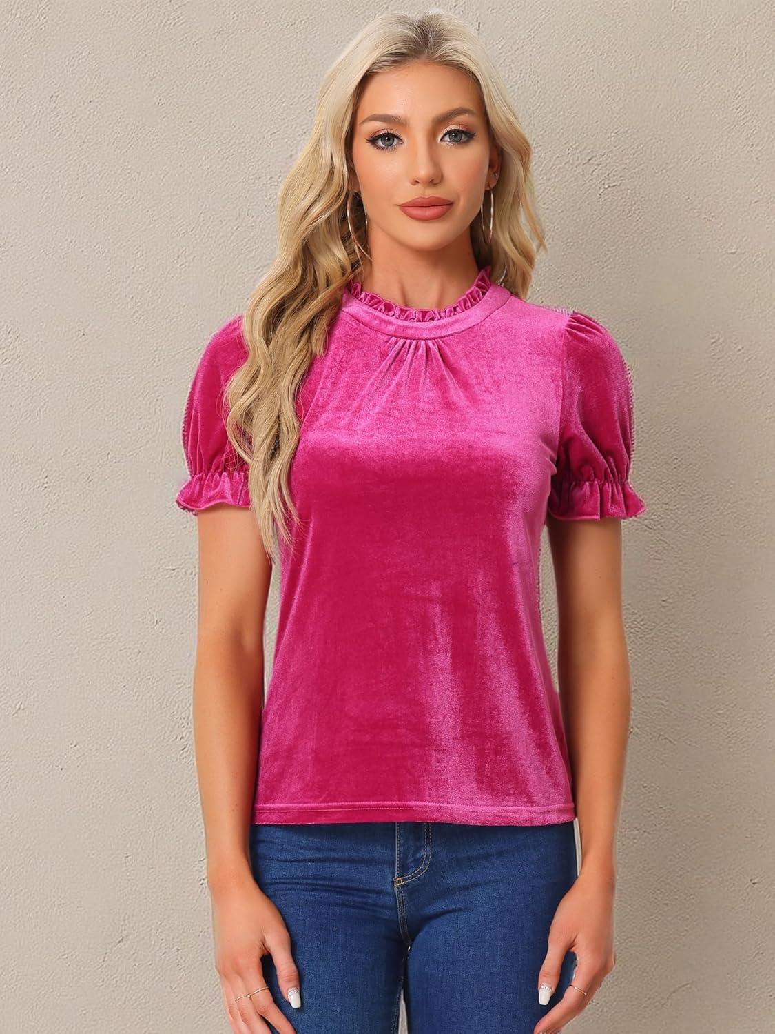 imageAllegra K Halloween Ruffle Collar Shirt for Womens Short Sleeve Casual Velvet Tops BlouseHot Pink