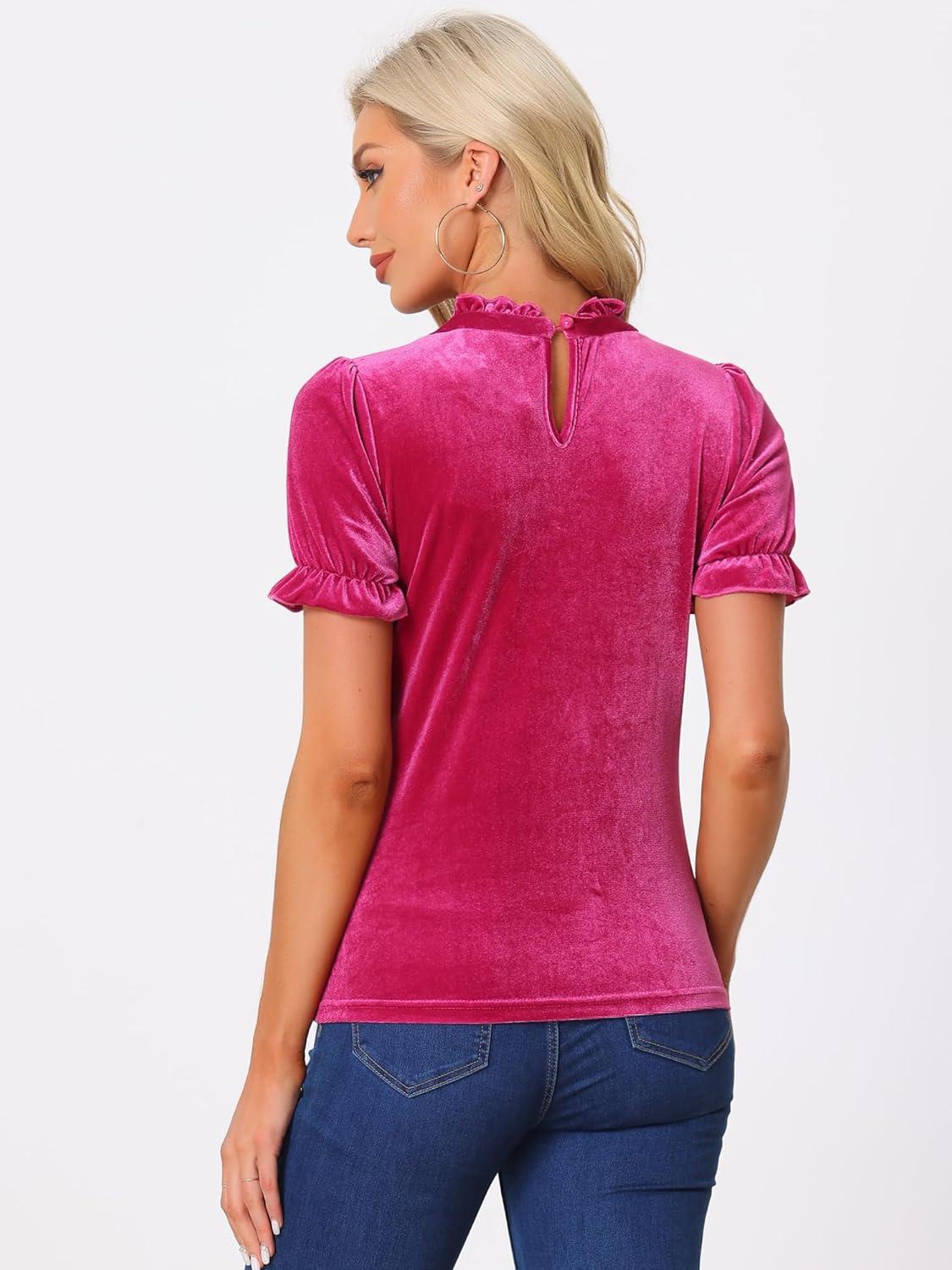 imageAllegra K Halloween Ruffle Collar Shirt for Womens Short Sleeve Casual Velvet Tops BlouseHot Pink