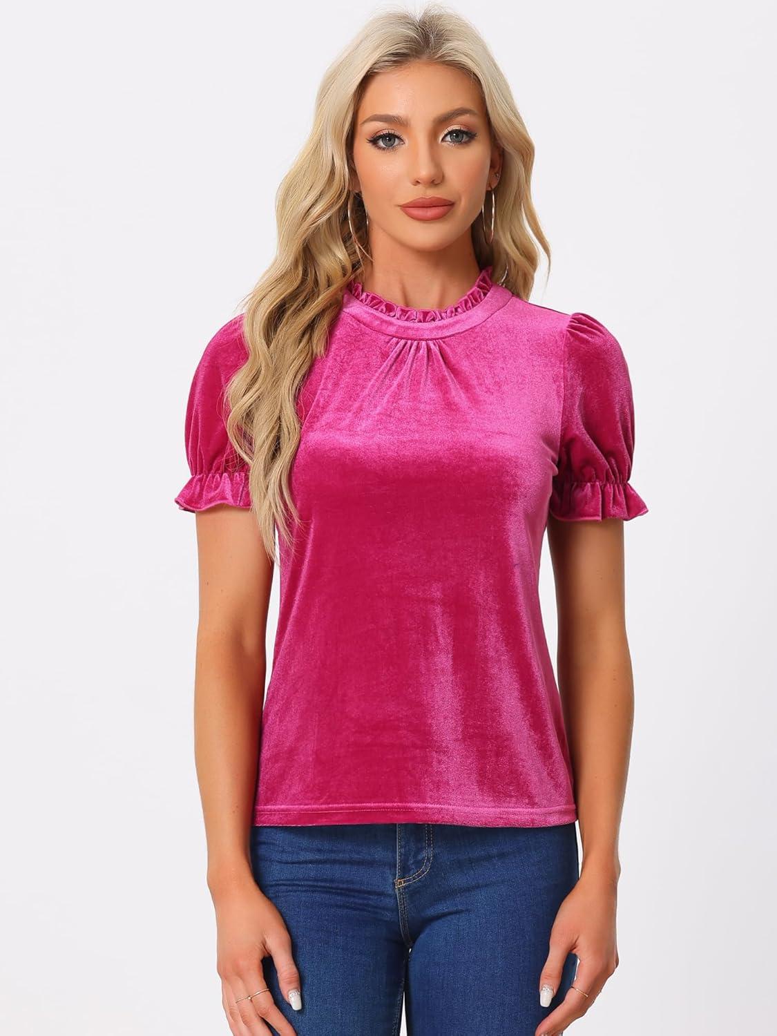 imageAllegra K Halloween Ruffle Collar Shirt for Womens Short Sleeve Casual Velvet Tops BlouseHot Pink