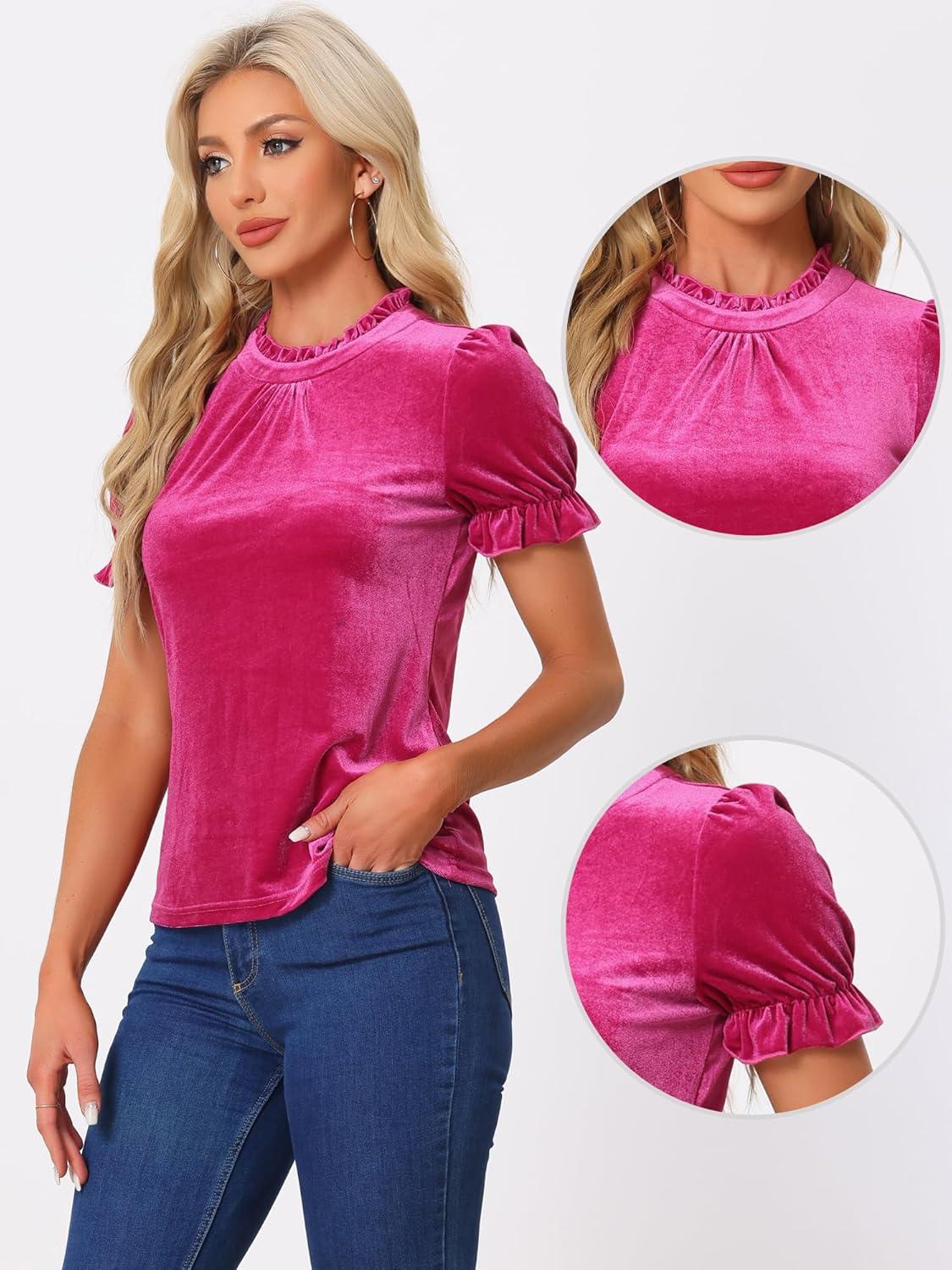 imageAllegra K Halloween Ruffle Collar Shirt for Womens Short Sleeve Casual Velvet Tops BlouseHot Pink