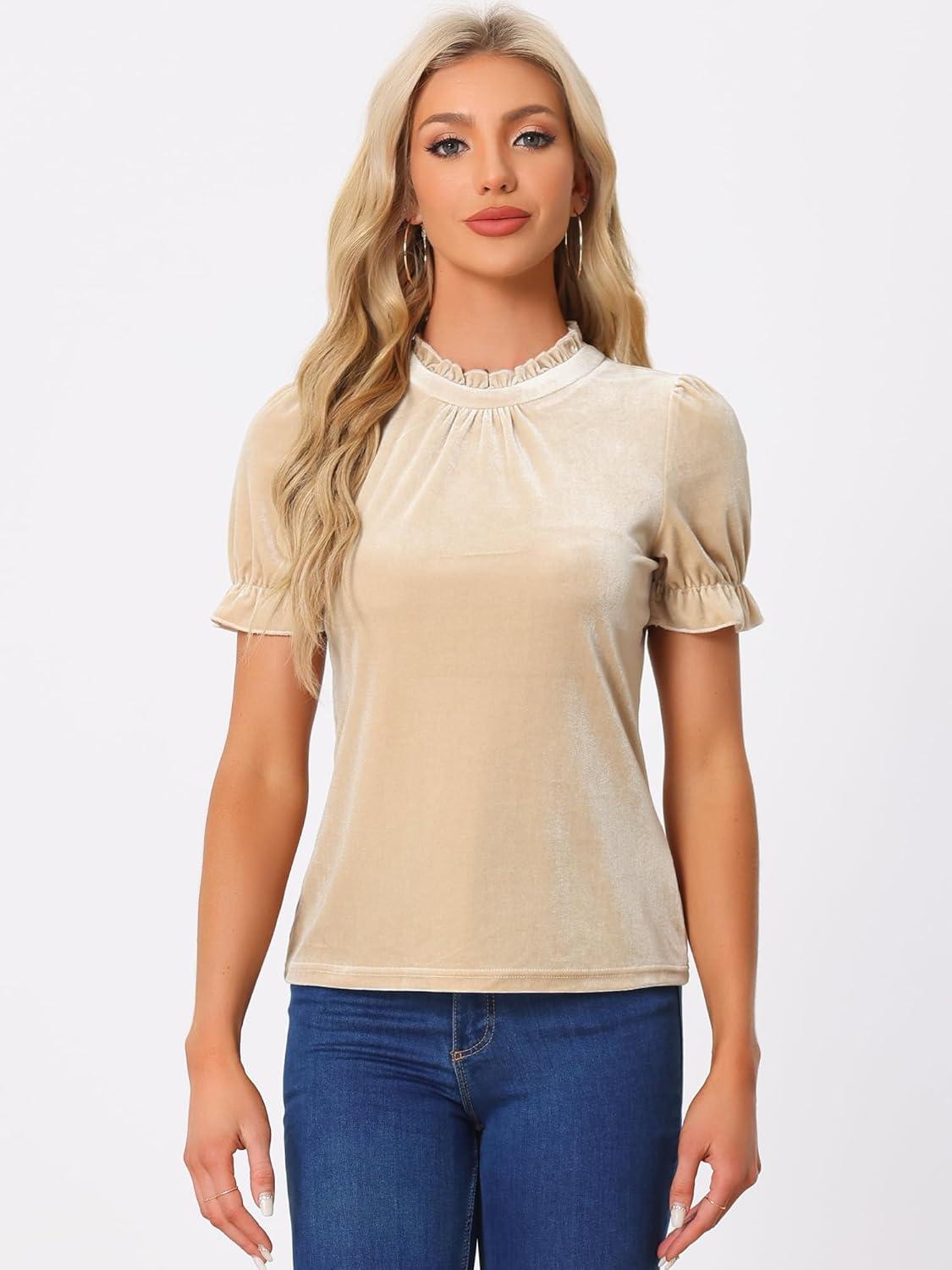 imageAllegra K Halloween Ruffle Collar Shirt for Womens Short Sleeve Casual Velvet Tops BlouseKhaki