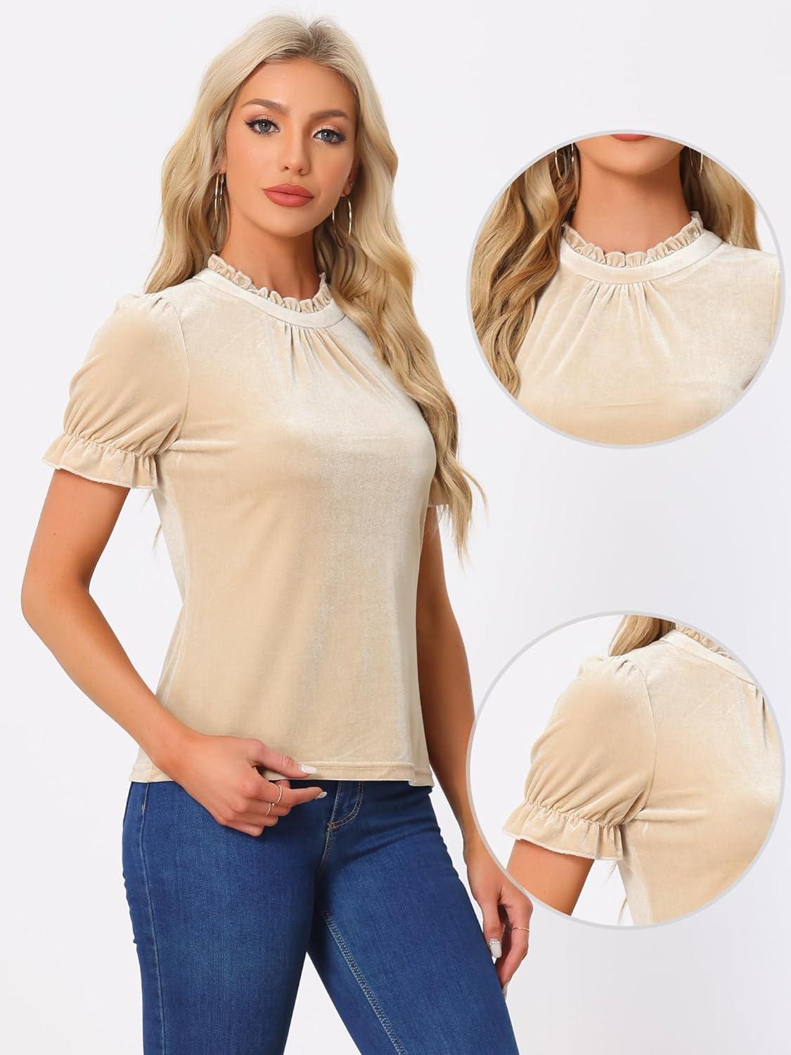 imageAllegra K Halloween Ruffle Collar Shirt for Womens Short Sleeve Casual Velvet Tops BlouseKhaki