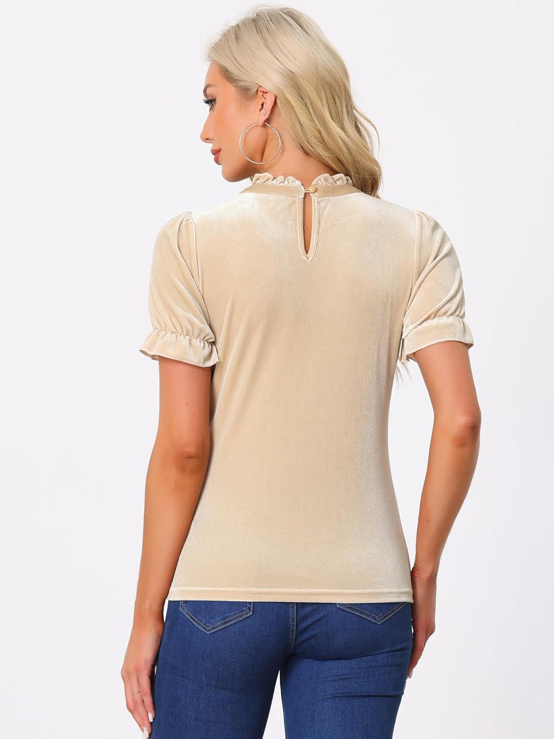 imageAllegra K Halloween Ruffle Collar Shirt for Womens Short Sleeve Casual Velvet Tops BlouseKhaki
