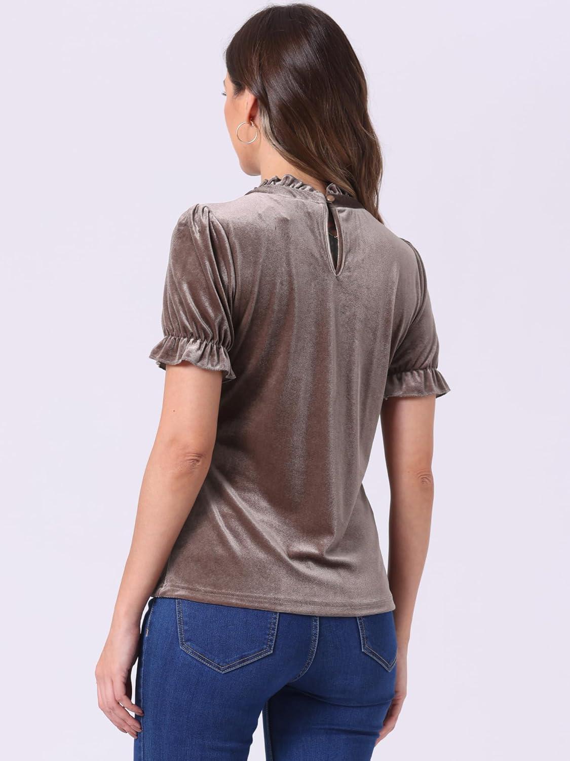 imageAllegra K Halloween Ruffle Collar Shirt for Womens Short Sleeve Casual Velvet Tops BlouseLight Brown