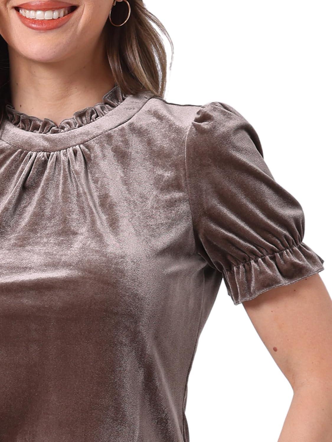 imageAllegra K Halloween Ruffle Collar Shirt for Womens Short Sleeve Casual Velvet Tops BlouseLight Brown