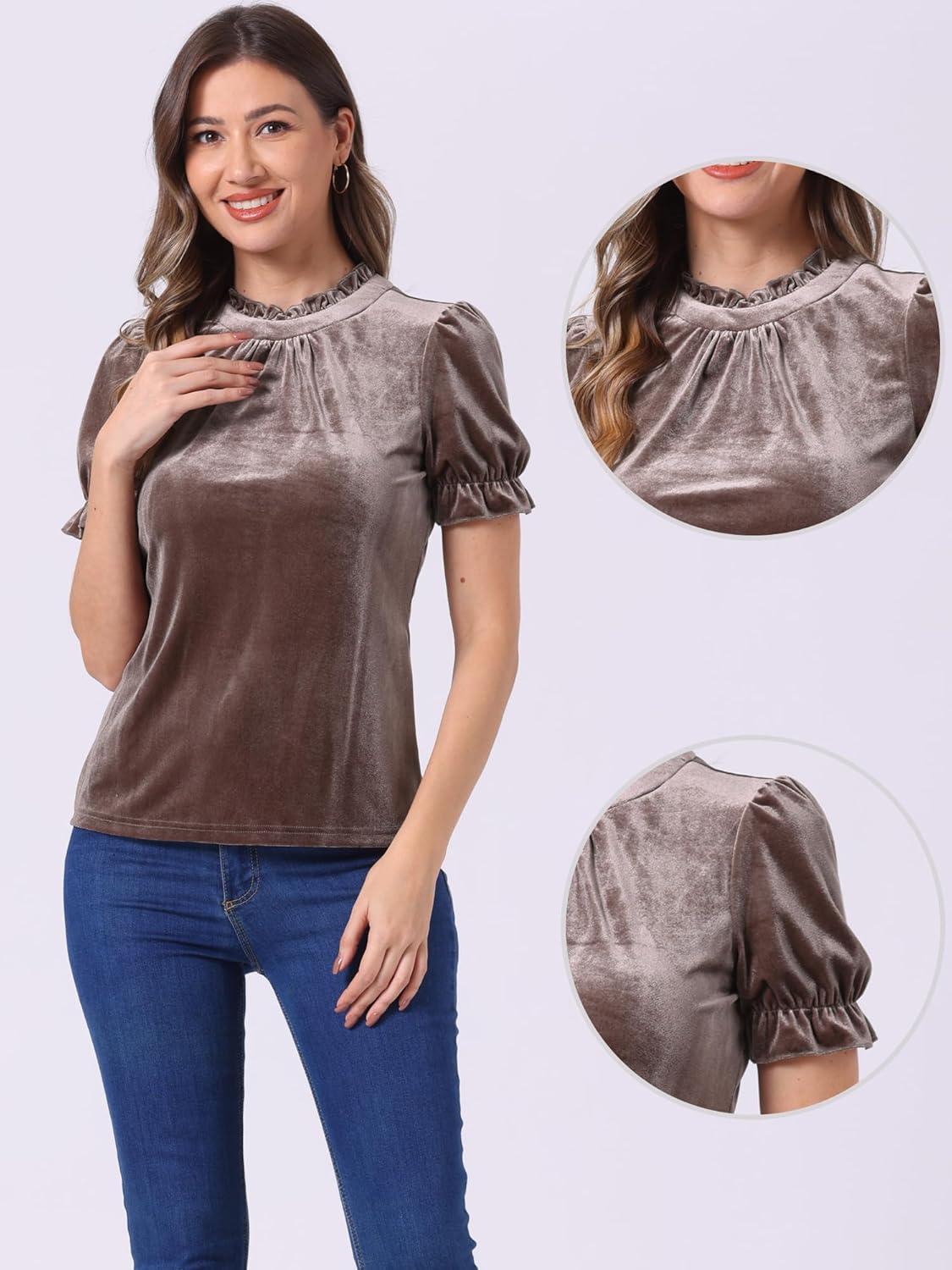imageAllegra K Halloween Ruffle Collar Shirt for Womens Short Sleeve Casual Velvet Tops BlouseLight Brown