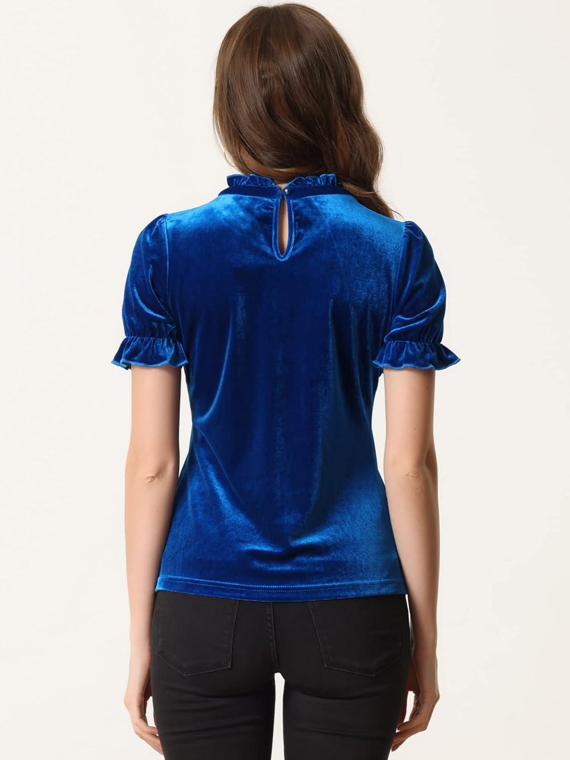 imageAllegra K Halloween Ruffle Collar Shirt for Womens Short Sleeve Casual Velvet Tops BlouseNavy Blue