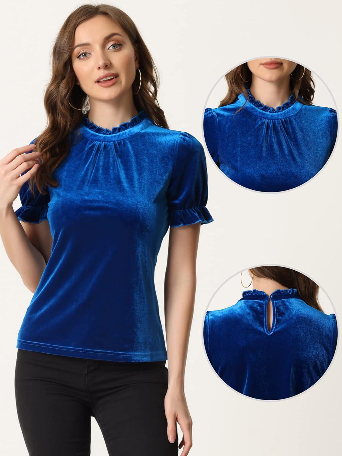imageAllegra K Halloween Ruffle Collar Shirt for Womens Short Sleeve Casual Velvet Tops BlouseNavy Blue