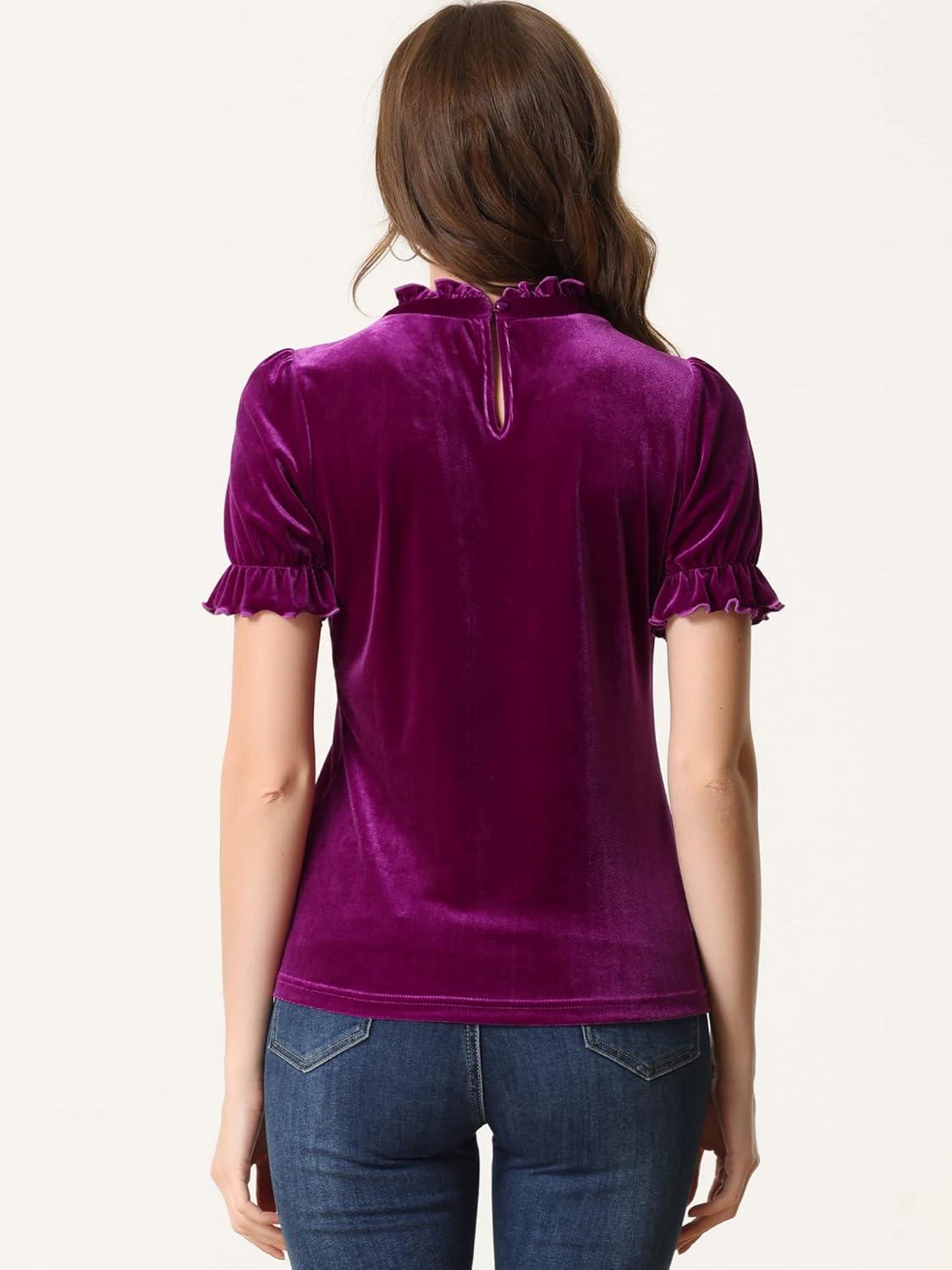 imageAllegra K Halloween Ruffle Collar Shirt for Womens Short Sleeve Casual Velvet Tops BlousePurple