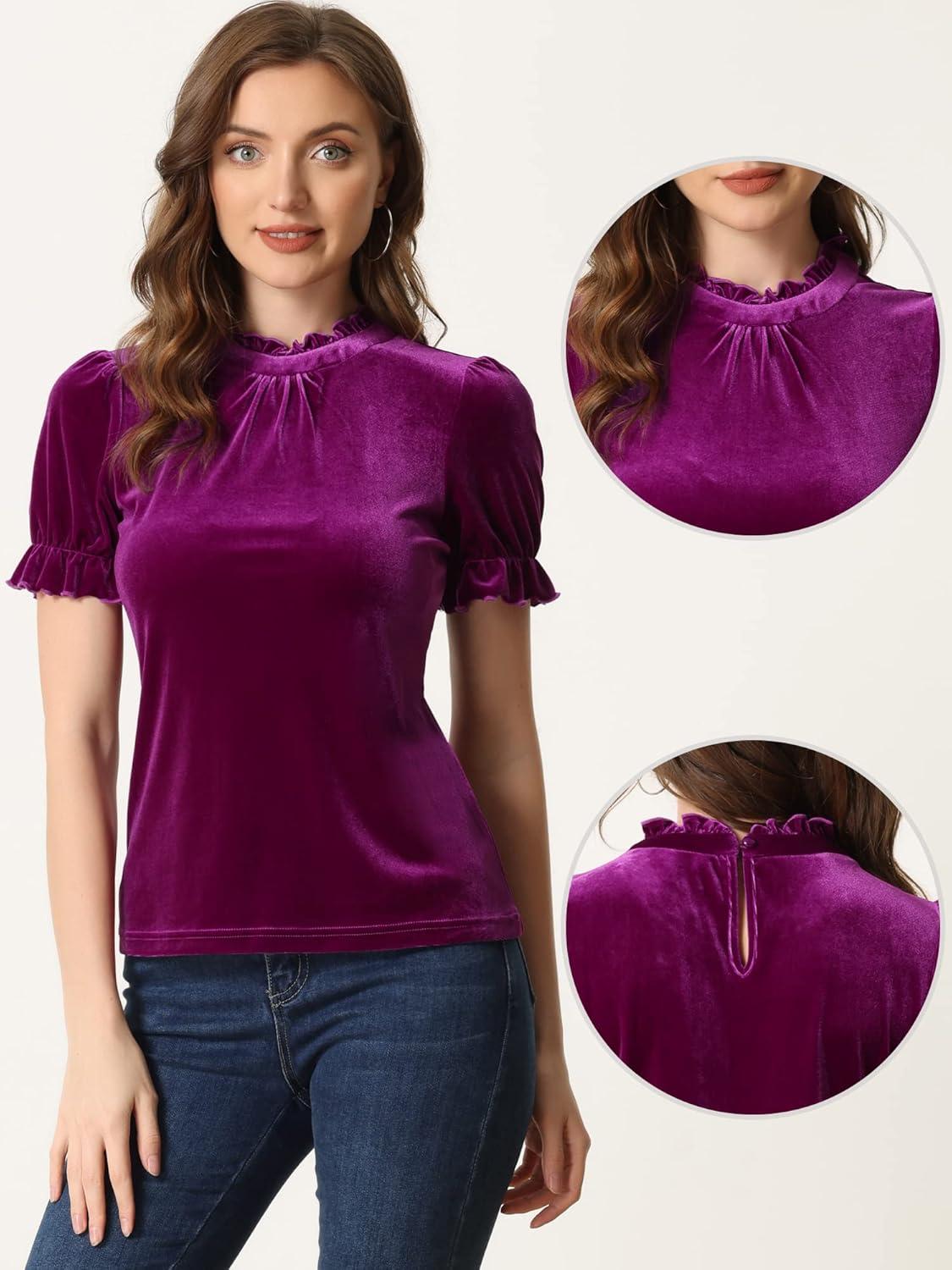 imageAllegra K Halloween Ruffle Collar Shirt for Womens Short Sleeve Casual Velvet Tops BlousePurple
