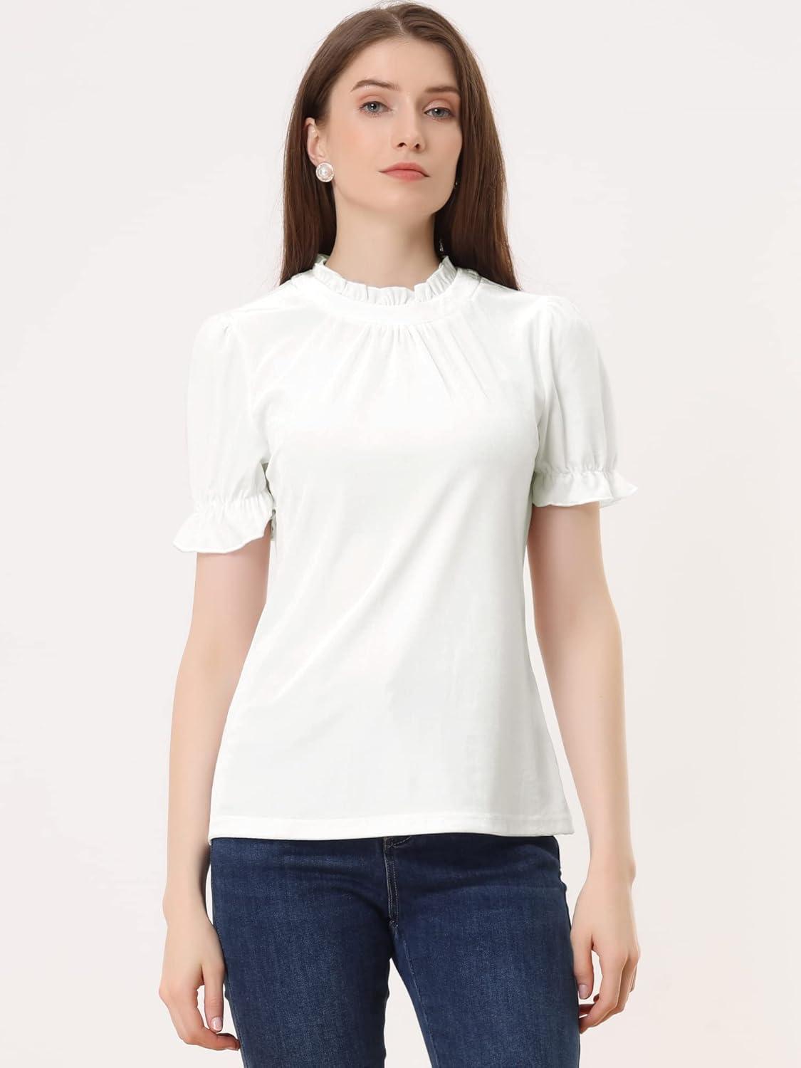 imageAllegra K Halloween Ruffle Collar Shirt for Womens Short Sleeve Casual Velvet Tops BlouseWhite