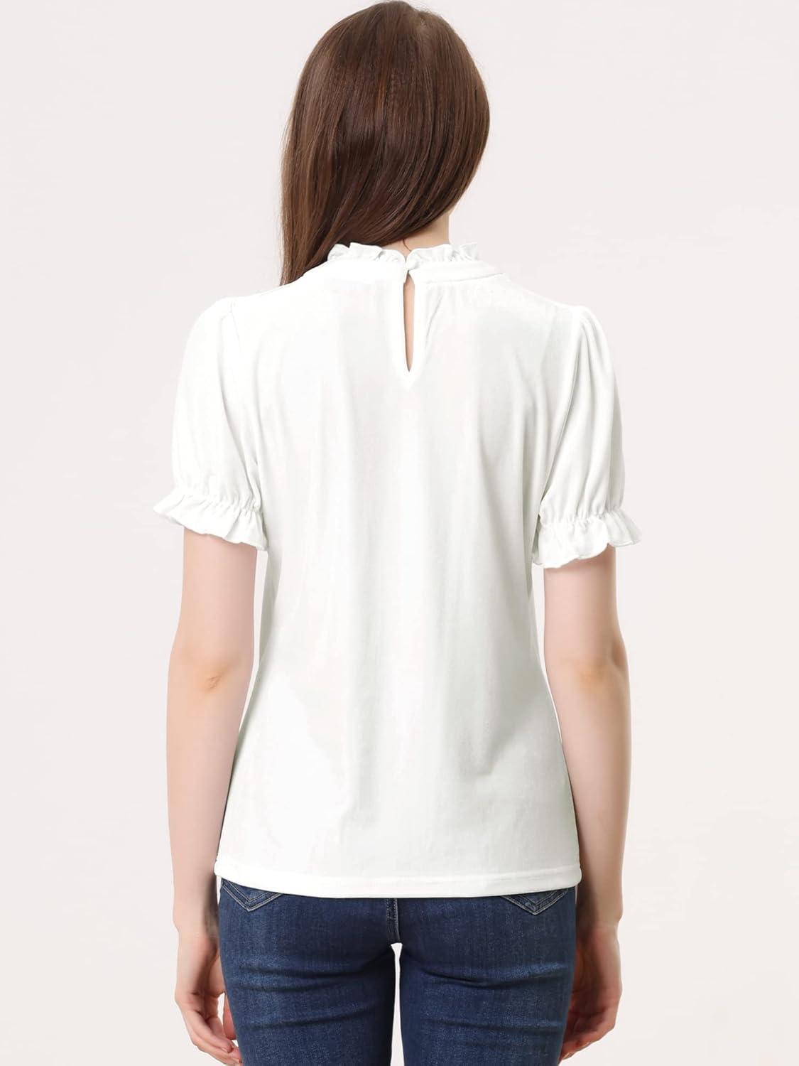 imageAllegra K Halloween Ruffle Collar Shirt for Womens Short Sleeve Casual Velvet Tops BlouseWhite