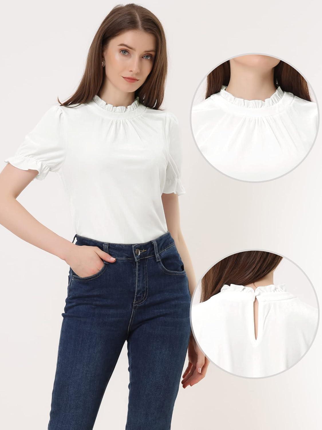 imageAllegra K Halloween Ruffle Collar Shirt for Womens Short Sleeve Casual Velvet Tops BlouseWhite