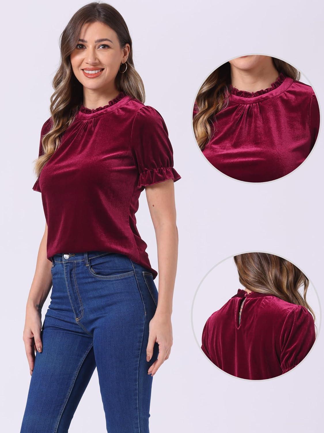 imageAllegra K Halloween Ruffle Collar Shirt for Womens Short Sleeve Casual Velvet Tops BlouseWine Red