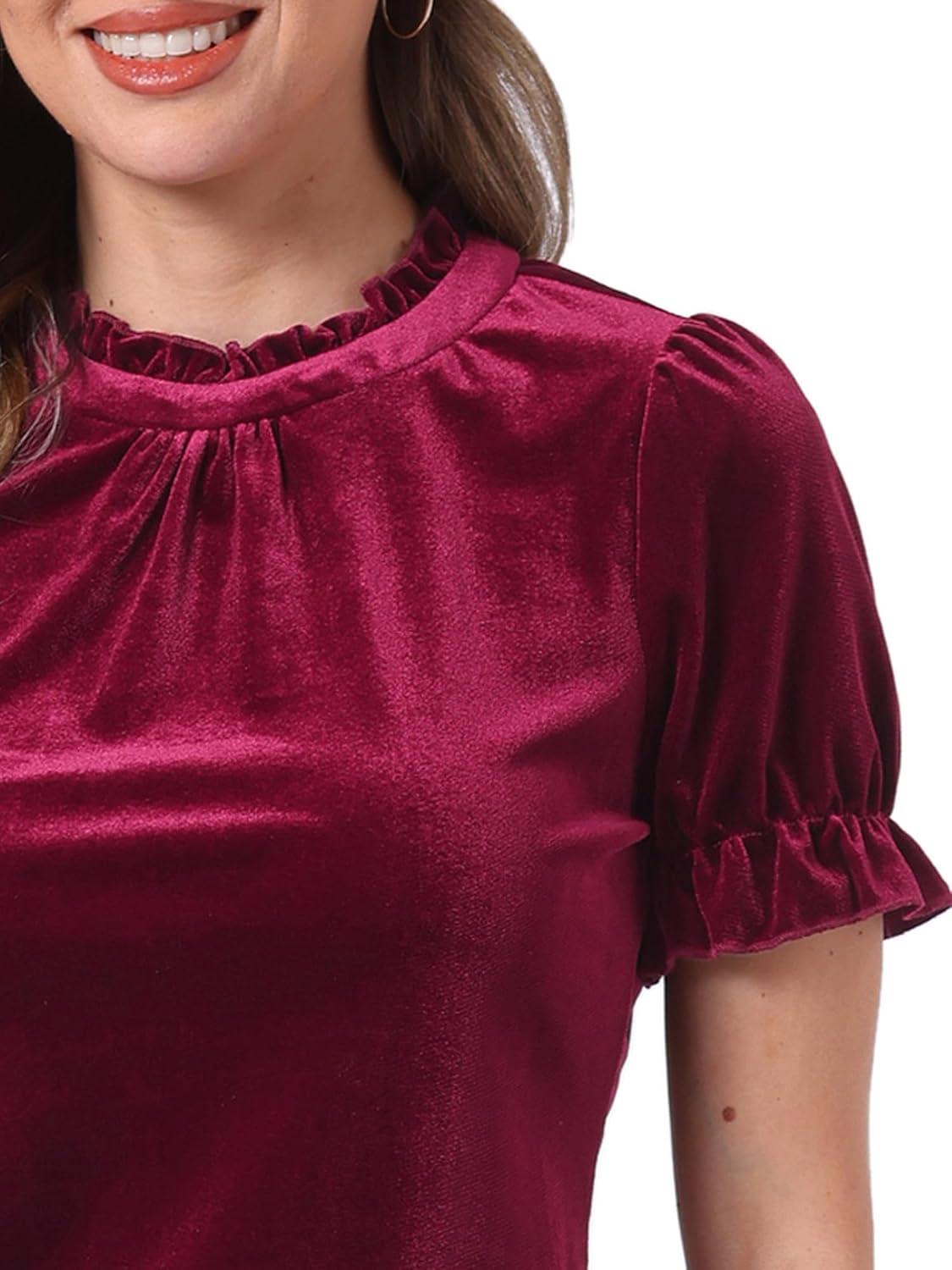imageAllegra K Halloween Ruffle Collar Shirt for Womens Short Sleeve Casual Velvet Tops BlouseWine Red