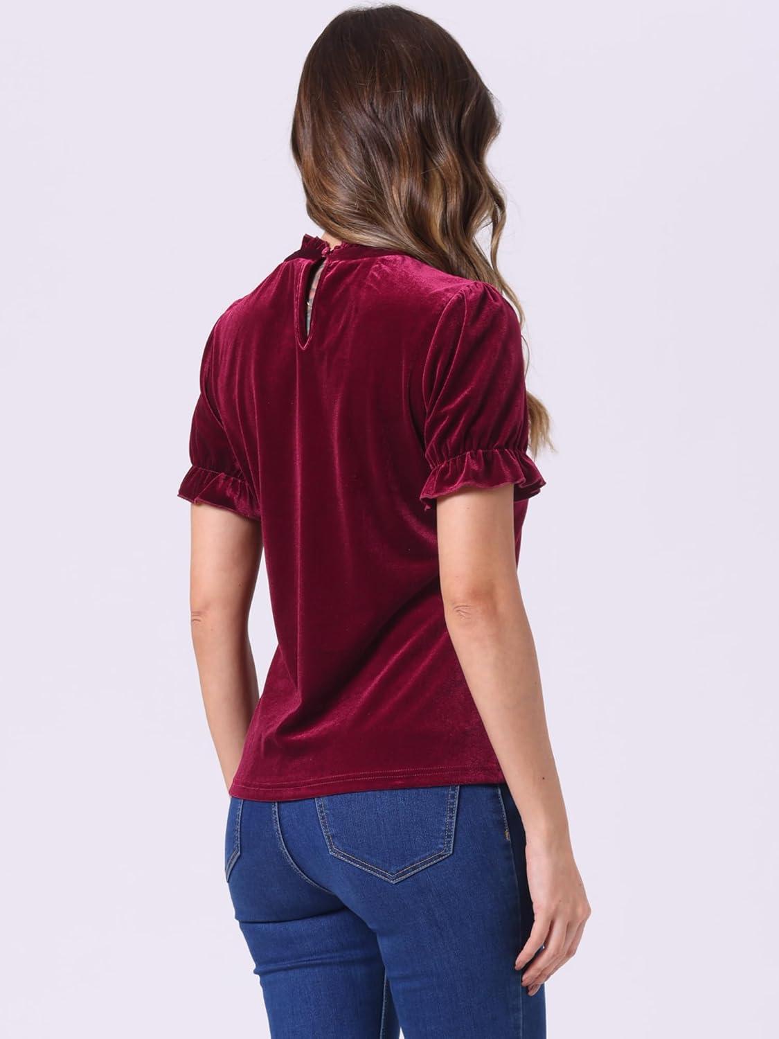imageAllegra K Halloween Ruffle Collar Shirt for Womens Short Sleeve Casual Velvet Tops BlouseWine Red