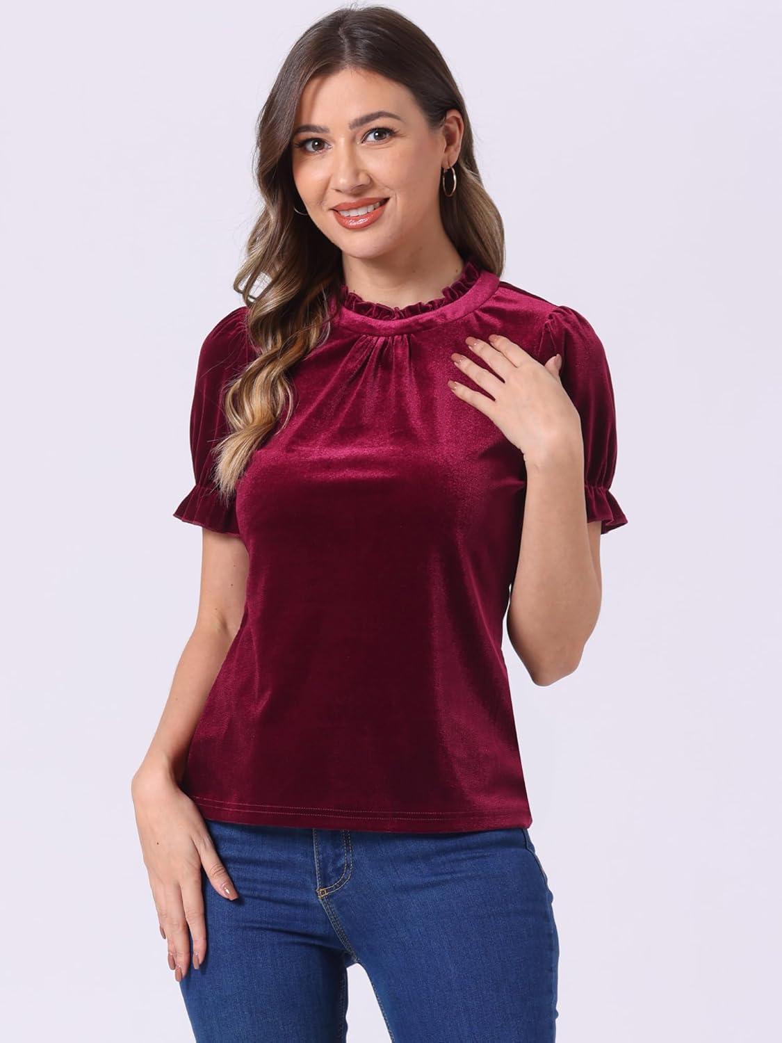 imageAllegra K Halloween Ruffle Collar Shirt for Womens Short Sleeve Casual Velvet Tops BlouseWine Red