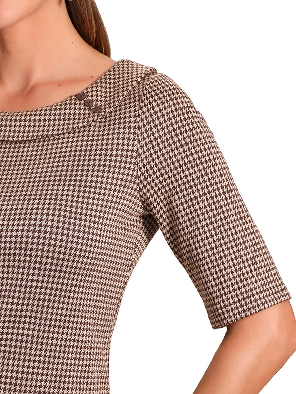 imageAllegra K Houndstooth Top for Womens Half Sleeve Boat Neck Blouses TopsBrown