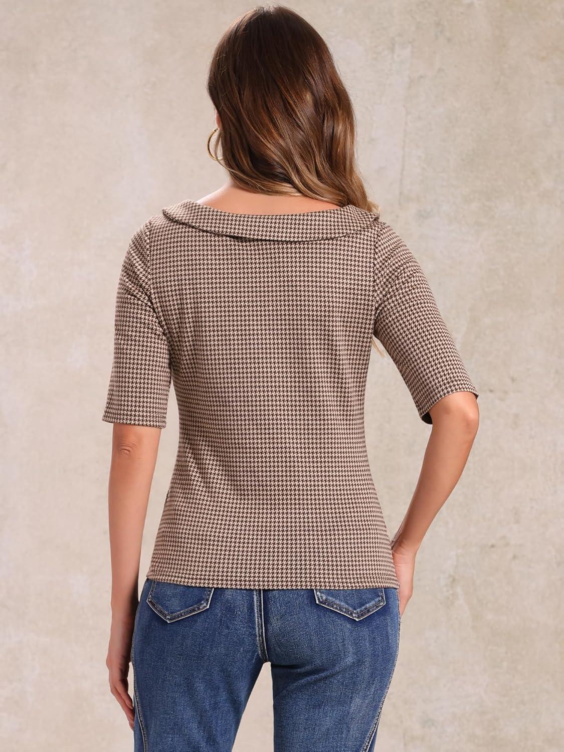 imageAllegra K Houndstooth Top for Womens Half Sleeve Boat Neck Blouses TopsBrown