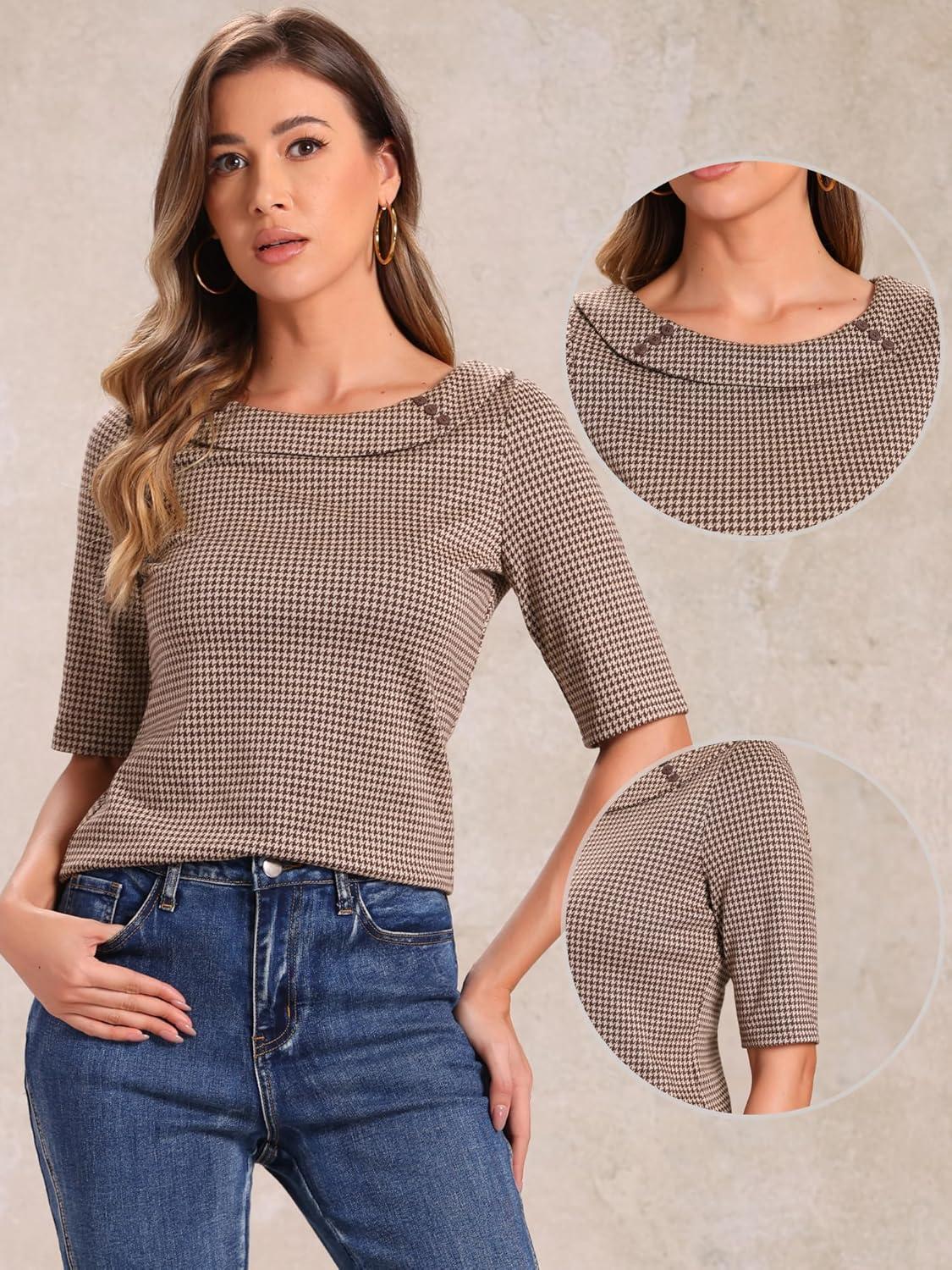 imageAllegra K Houndstooth Top for Womens Half Sleeve Boat Neck Blouses TopsBrown