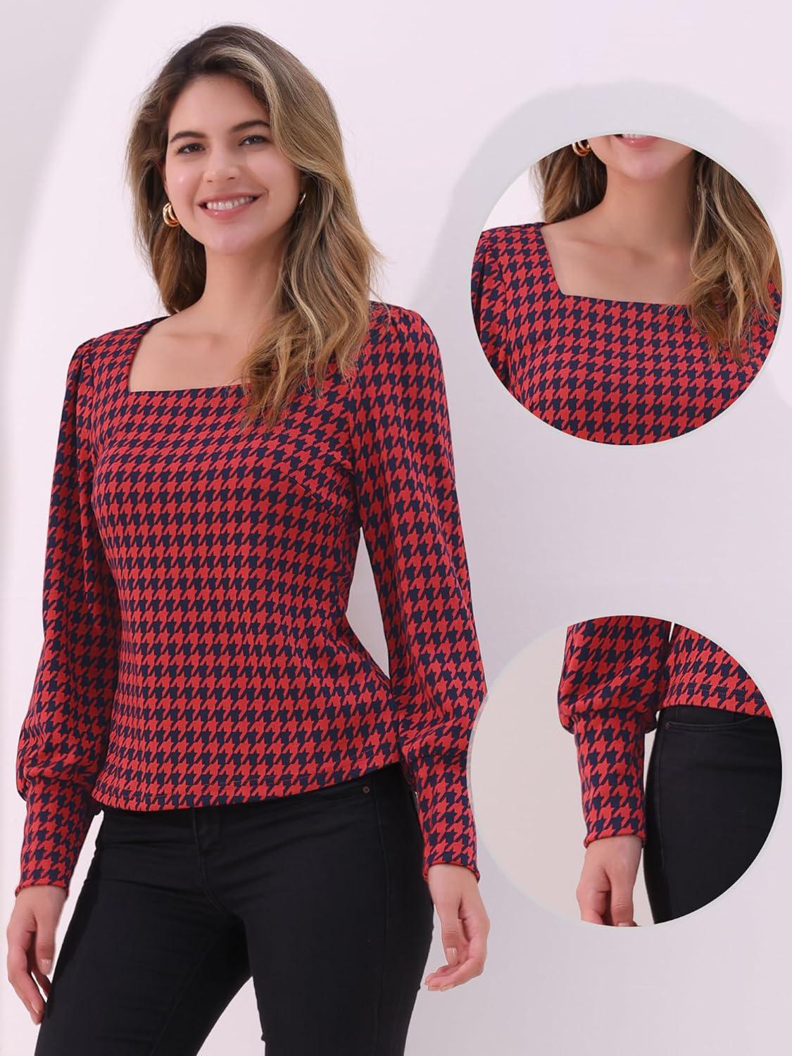 imageAllegra K Houndstooth Tops for Womens 1950s Vintage Bishop Sleeve Square Neck BlouseRed