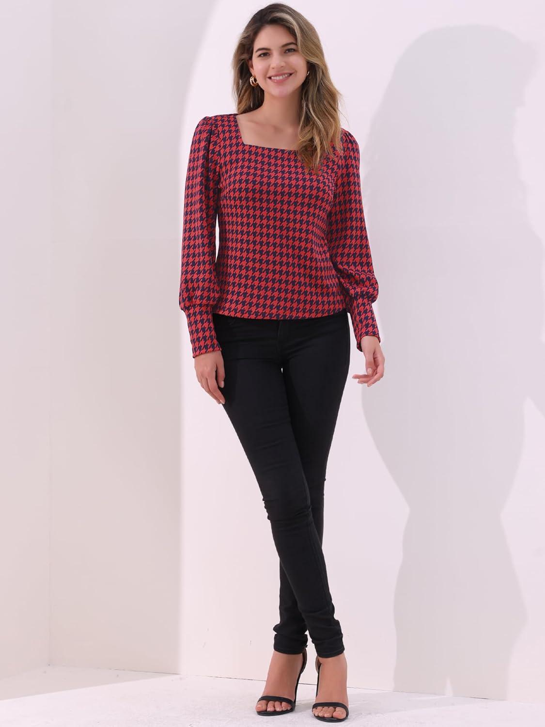 imageAllegra K Houndstooth Tops for Womens 1950s Vintage Bishop Sleeve Square Neck BlouseRed