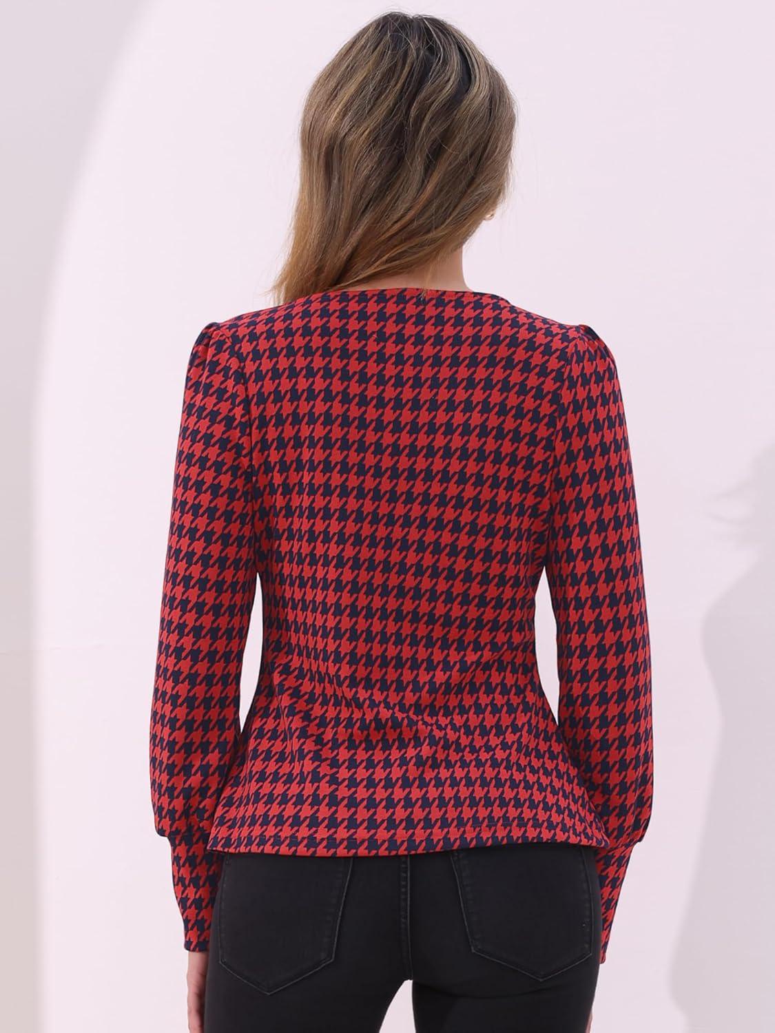 imageAllegra K Houndstooth Tops for Womens 1950s Vintage Bishop Sleeve Square Neck BlouseRed